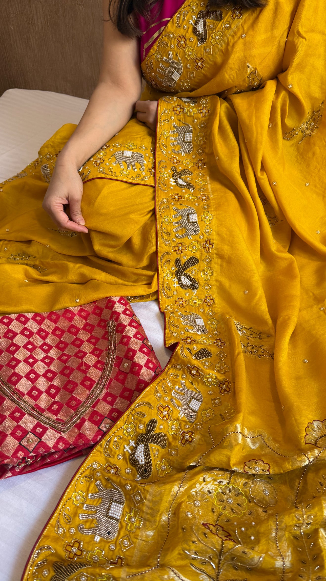 Moonga silk ikkat patola inspired hand embroidered kadhwa saree