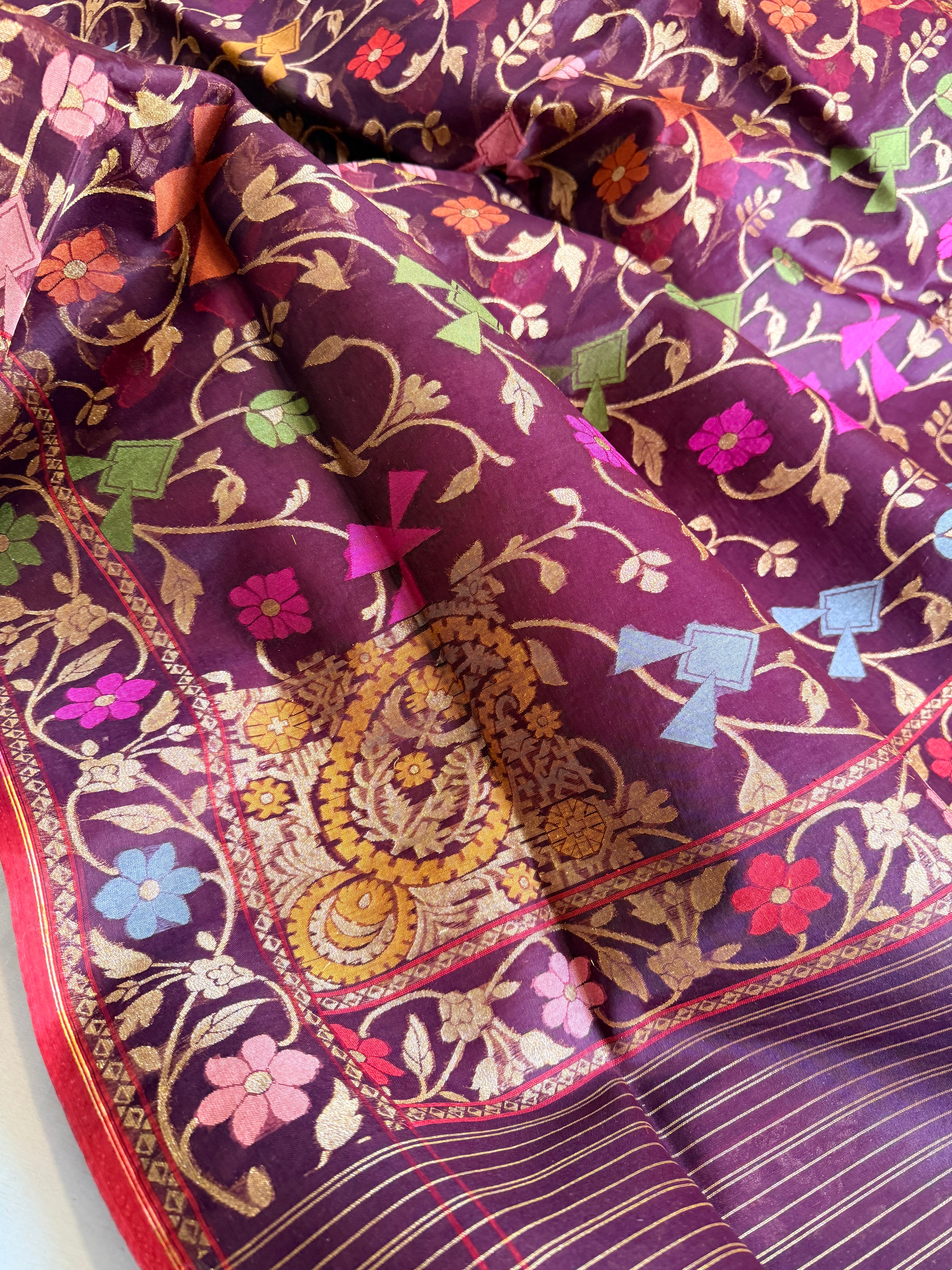 Banarasi kora silk net plum purple iktara jamdani kadhwa saree