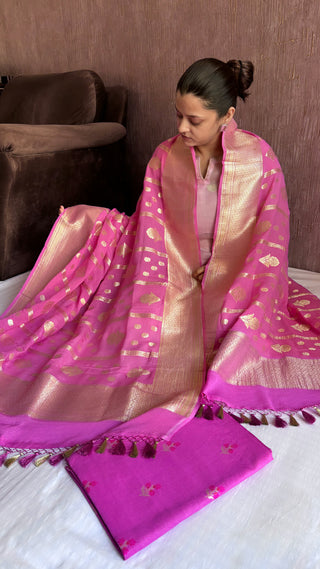 Strawberry pink moonga silk meenedar kadhwa suit set