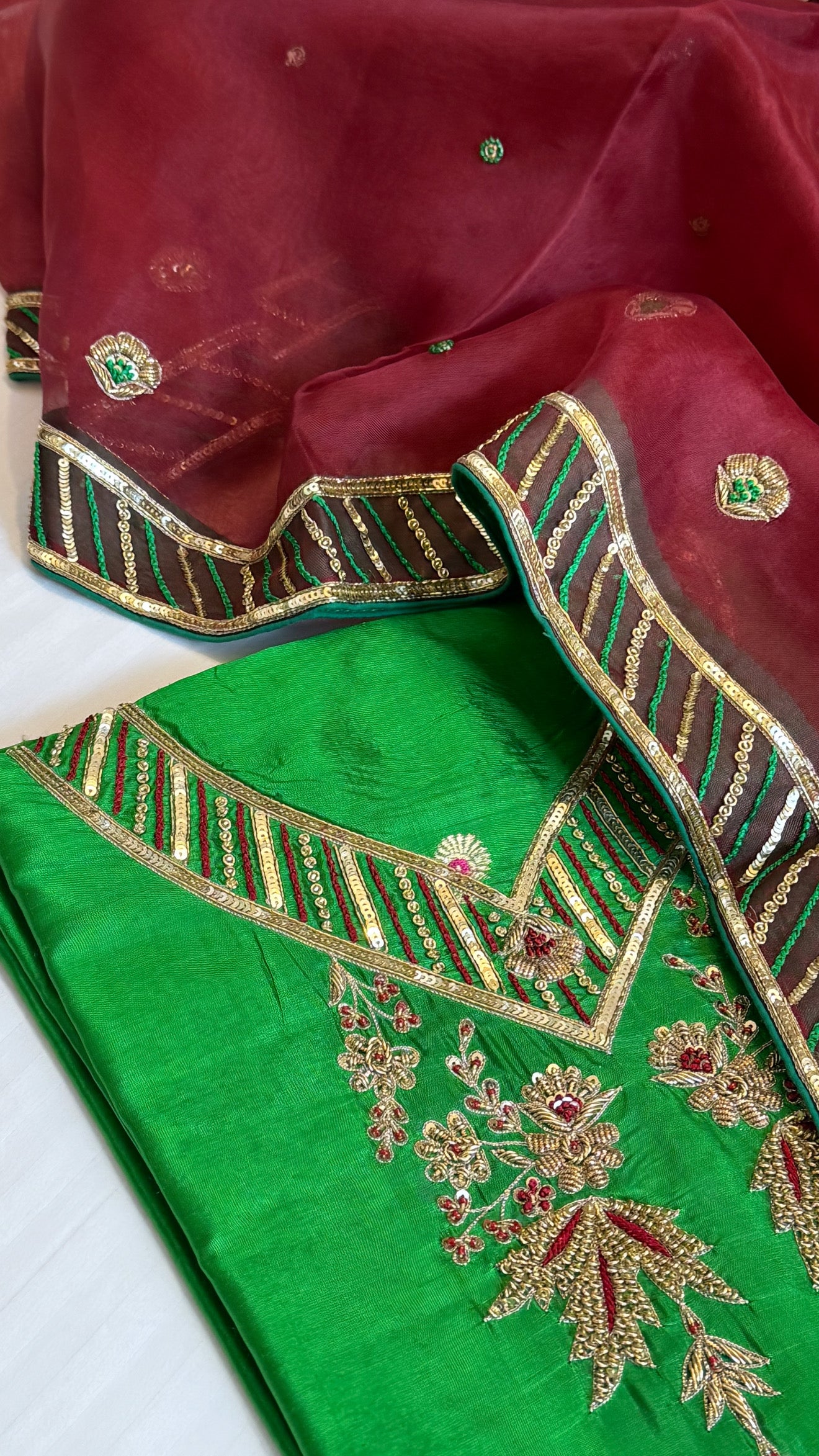 Parrot green - blood red shade katan silk hand embroidered kurta paired witj kora silk zardozi duppata