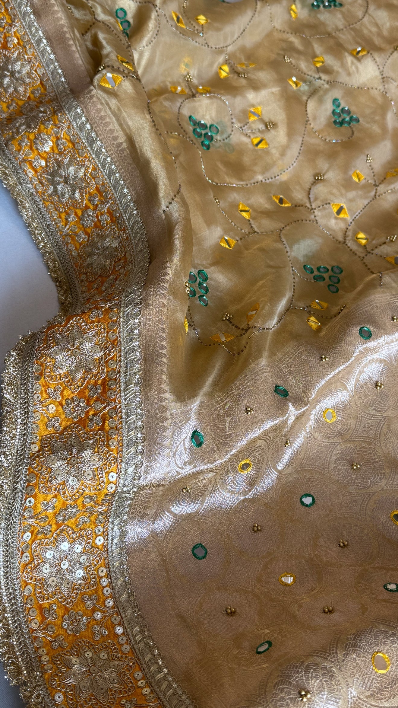 Sheesham edit - Heavy double tissue silk mirror work hand embroidered saree