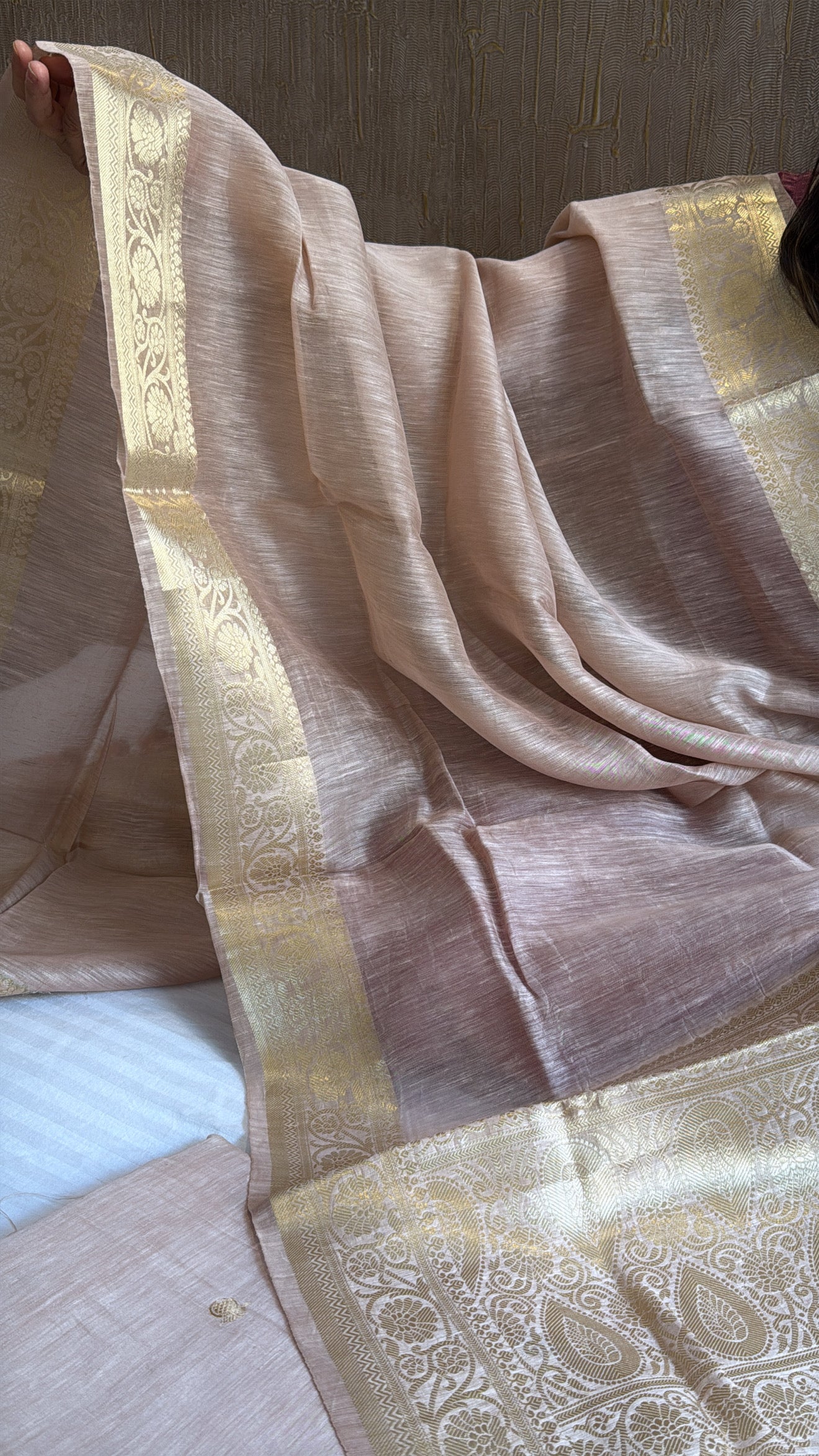 Rose gold linen gorgette kadhwa kurta suit set