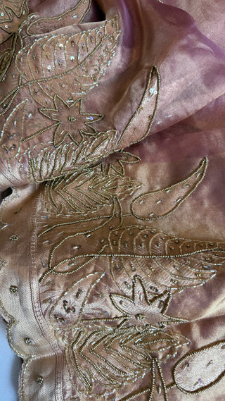 Husn blush pink tissue silk heavy hand embroidered saree