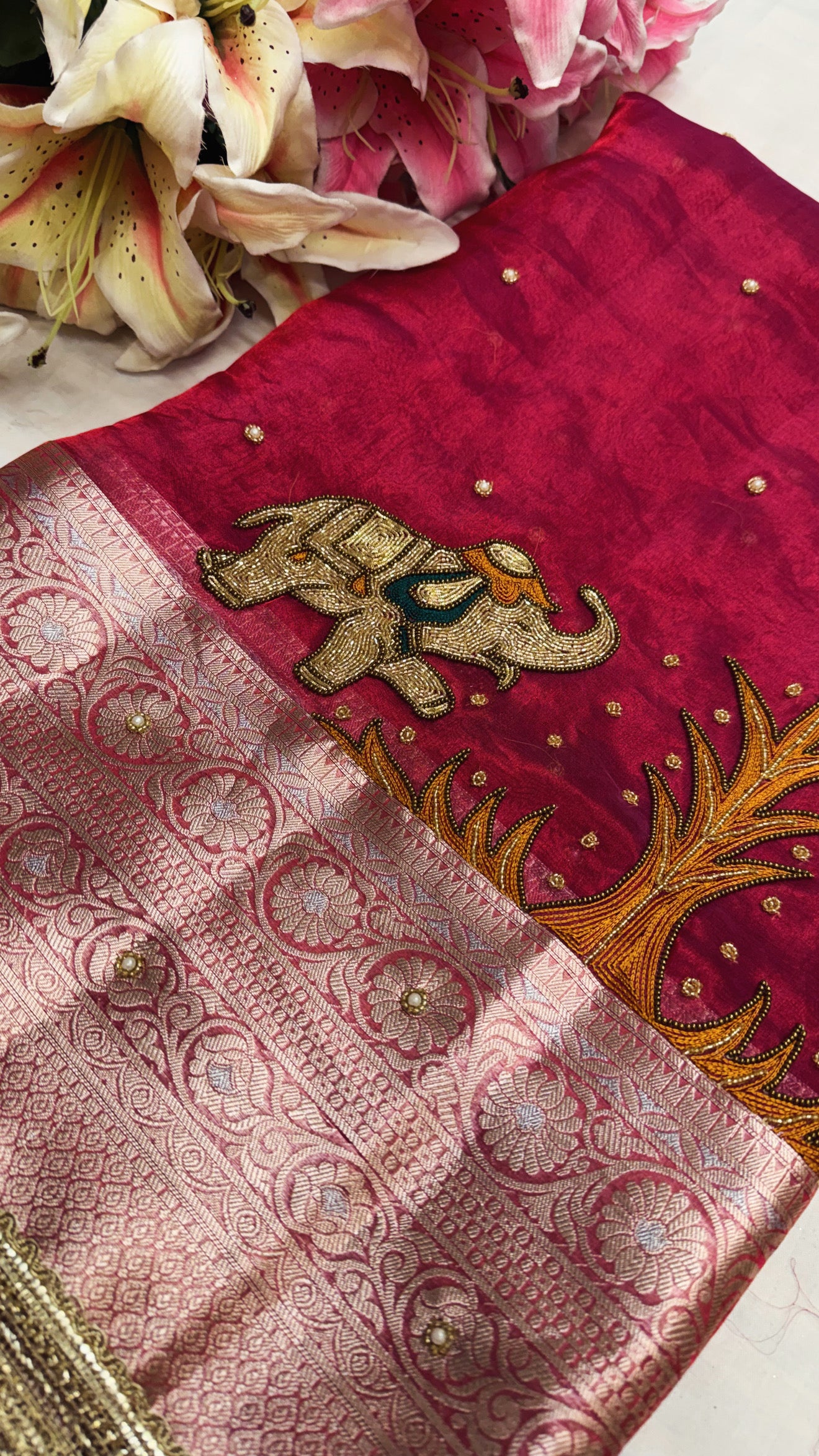 Karwachauth special - Cranberry pinkish red tissue silk elephant motif hand embroidered saree