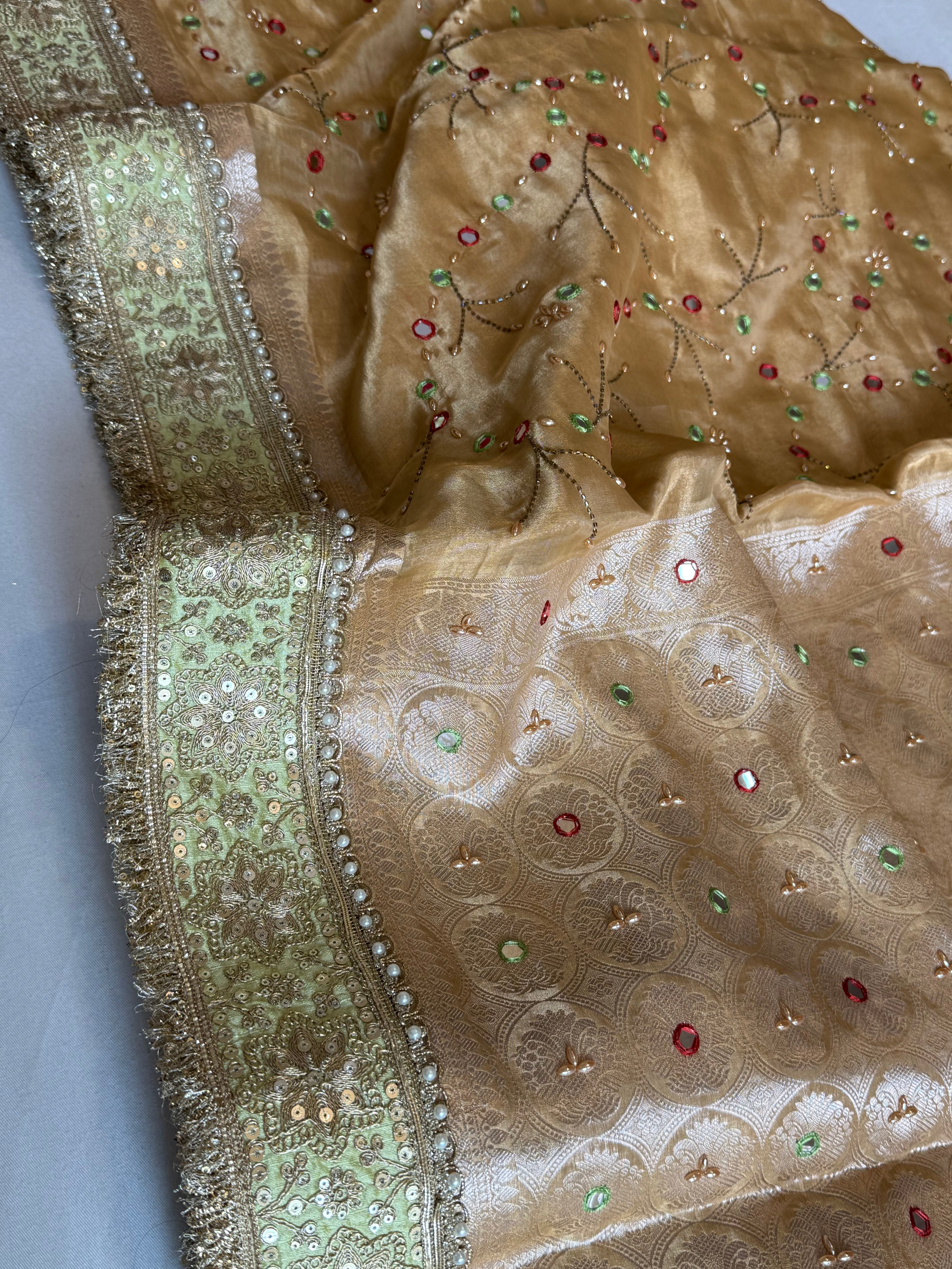 Sheesham edit - Heavy double tissue silk mirror work hand embroidered saree