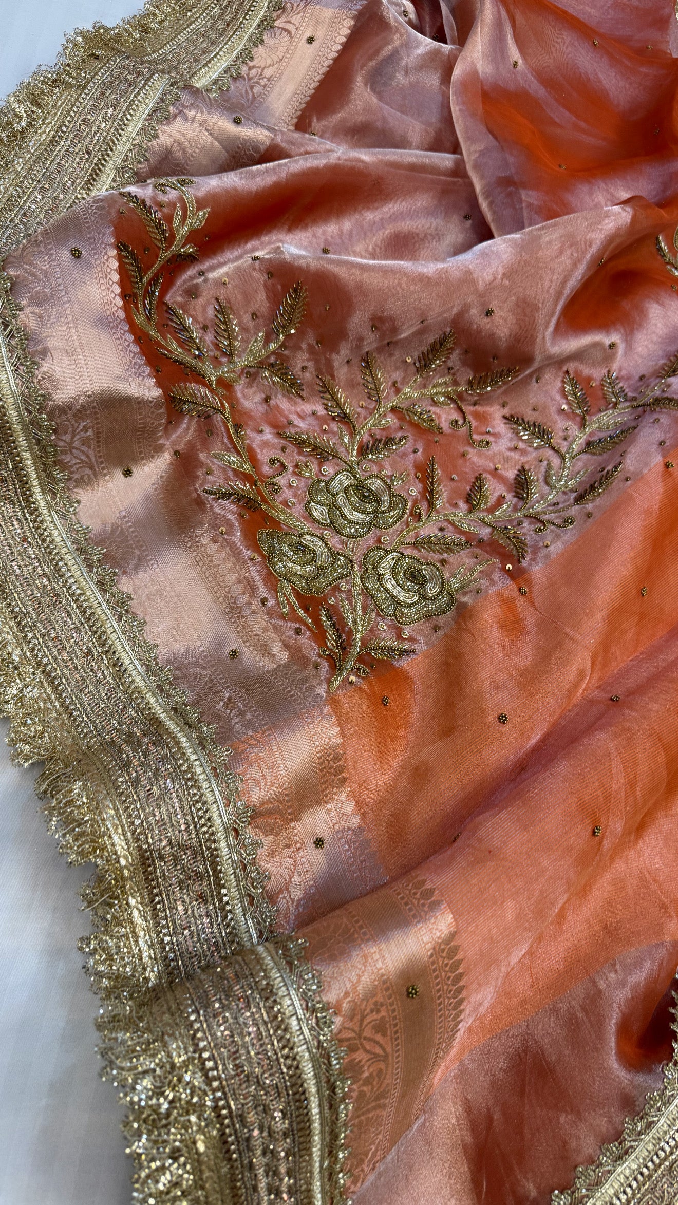 Cocktail edit sarees - Peach tissue silk heavy hand embroidered sarees