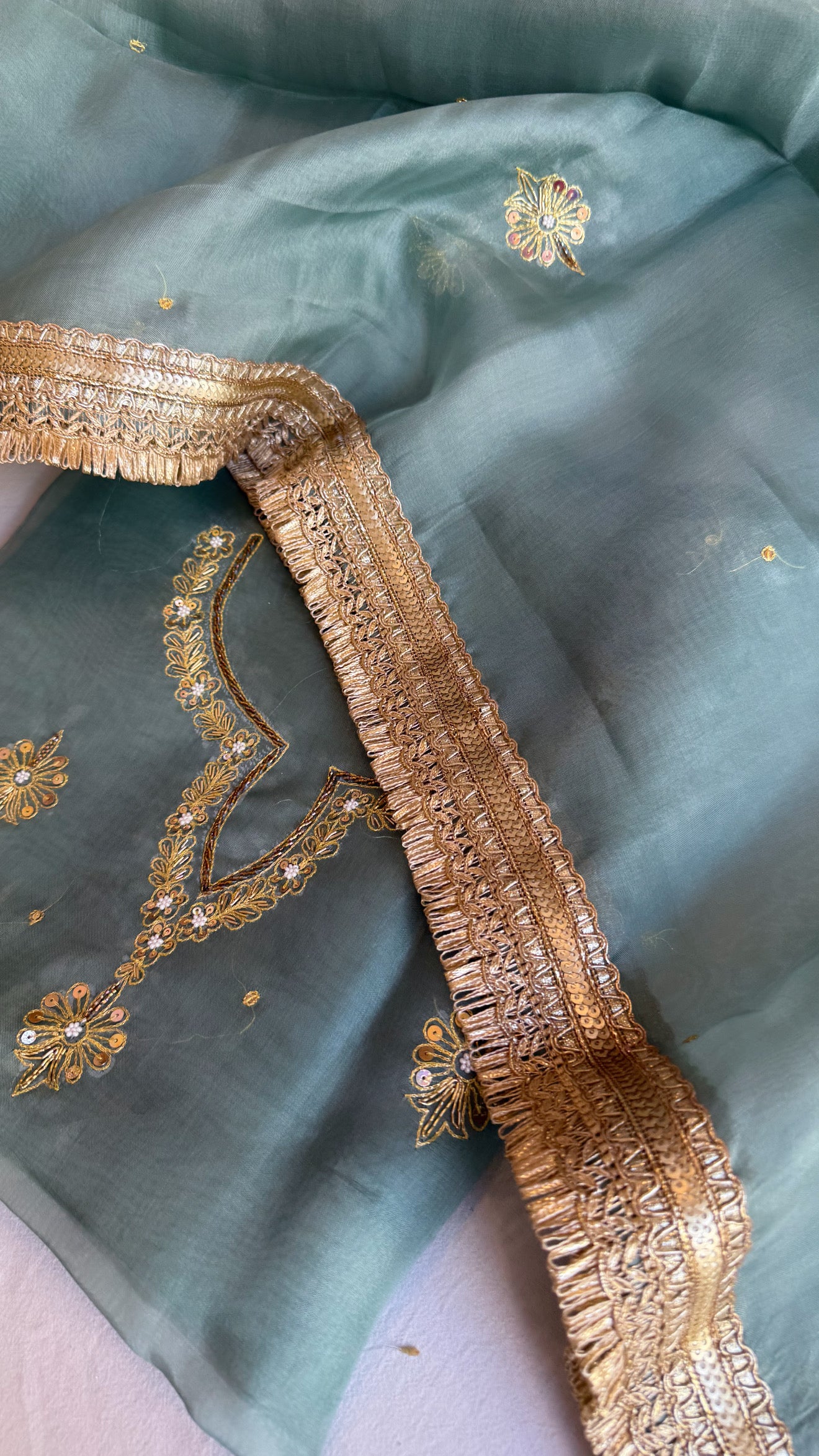 Aari and tilli hand embroidered kora silk teal blue kadhwa suit set