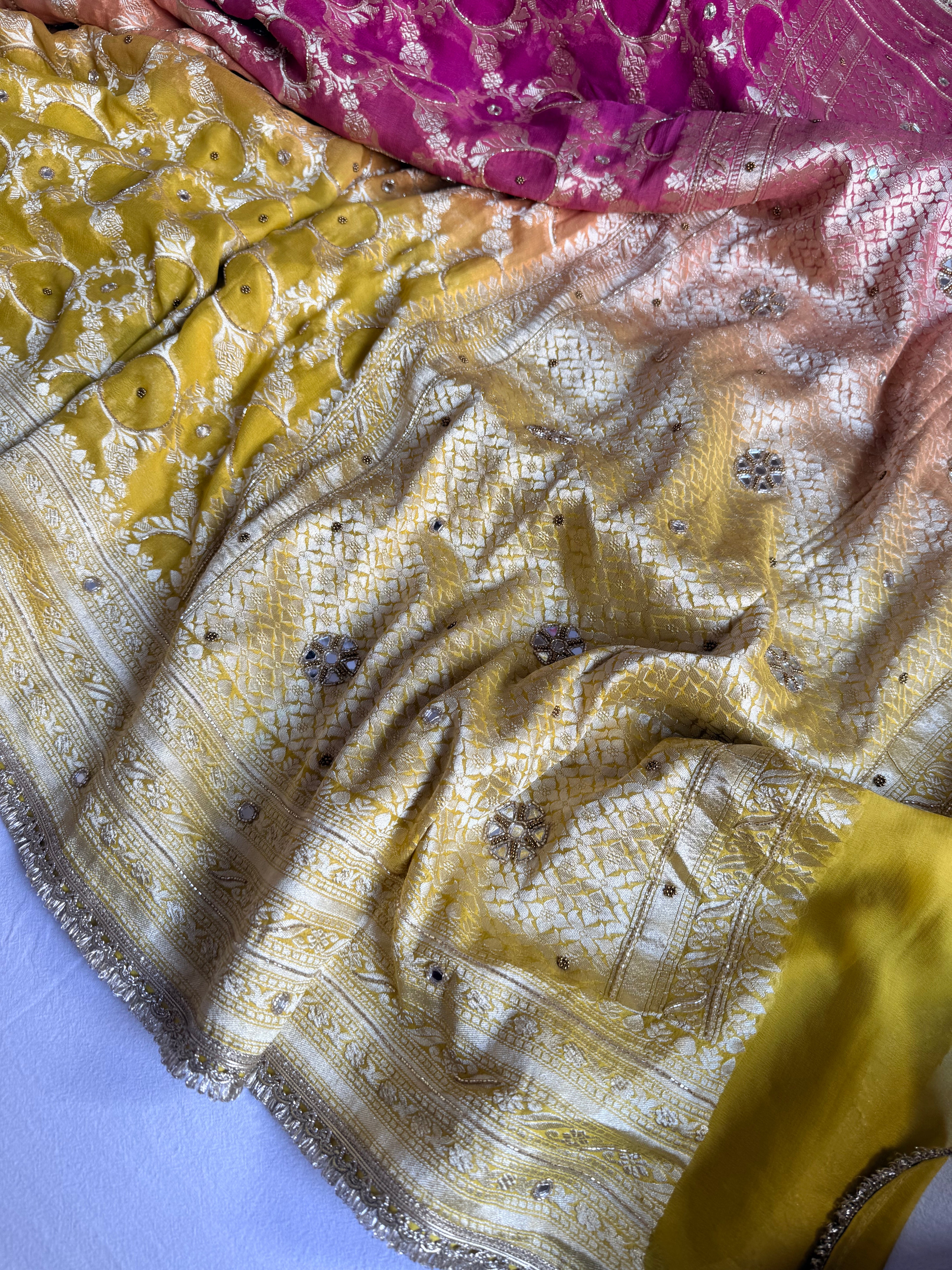 Banarasi chiffon gorgette kadhwa weaving hand embroidered saree