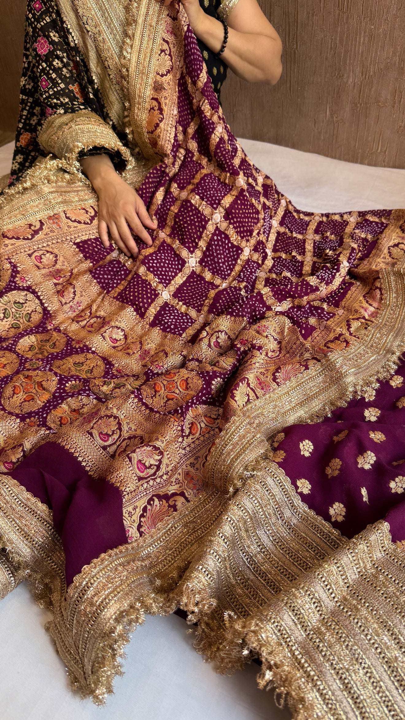 Deep plum-purple rai banarasi bandhej gorgette kadhwa gotapatti suit set