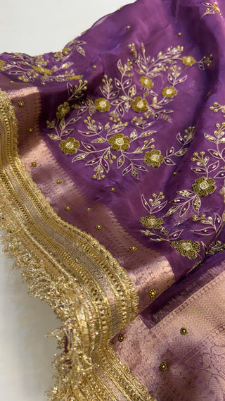 Husn shadi wali saree - Soft violet husn tissue silk heavy hand embroidered saree