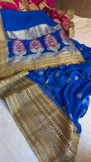 Pakistani drama inspired royal ink blue banarasi gorgette kadhwa gotapatti suit set