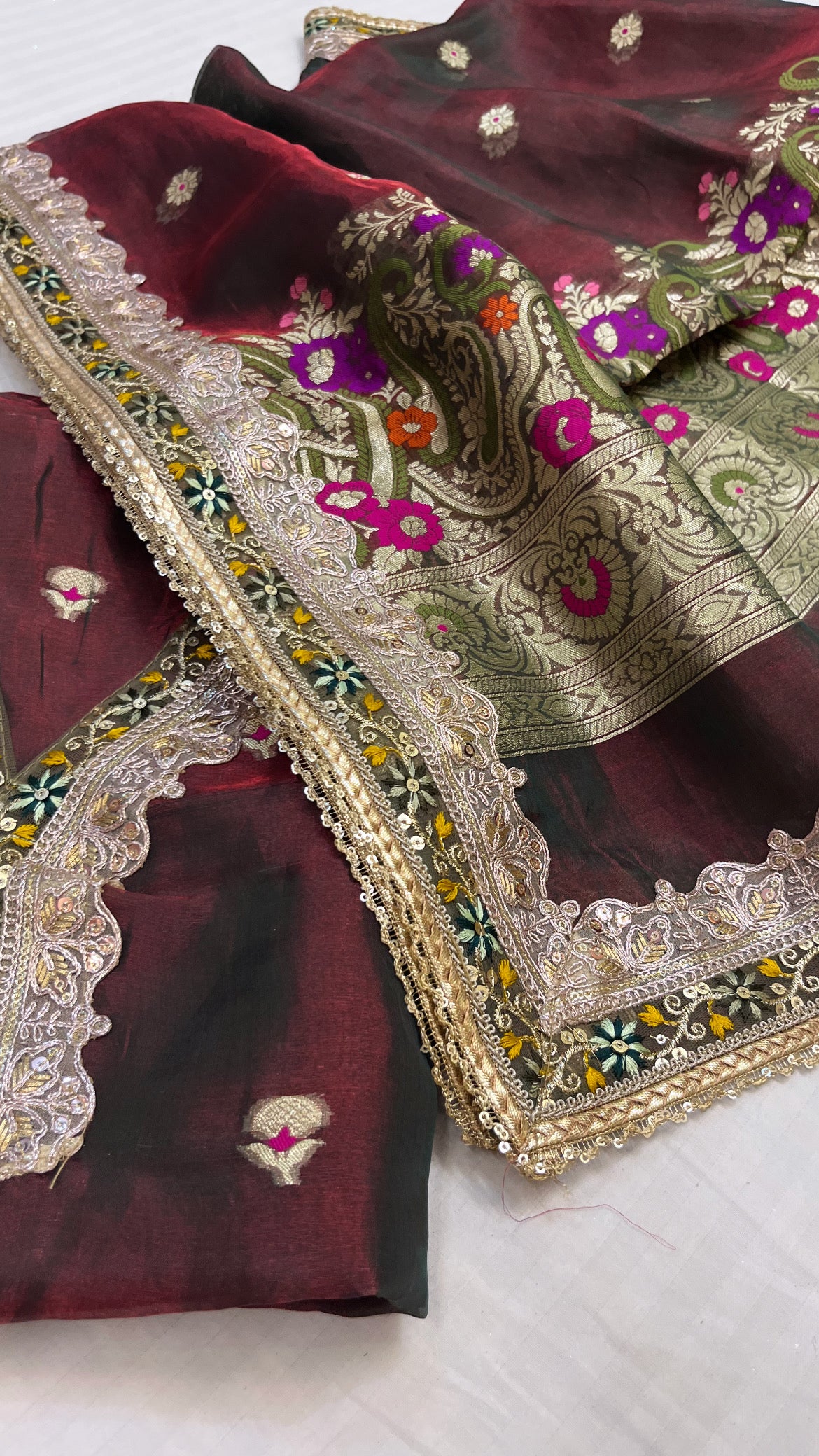 Heeramandi blood maroon tissue silk meenakari suit set