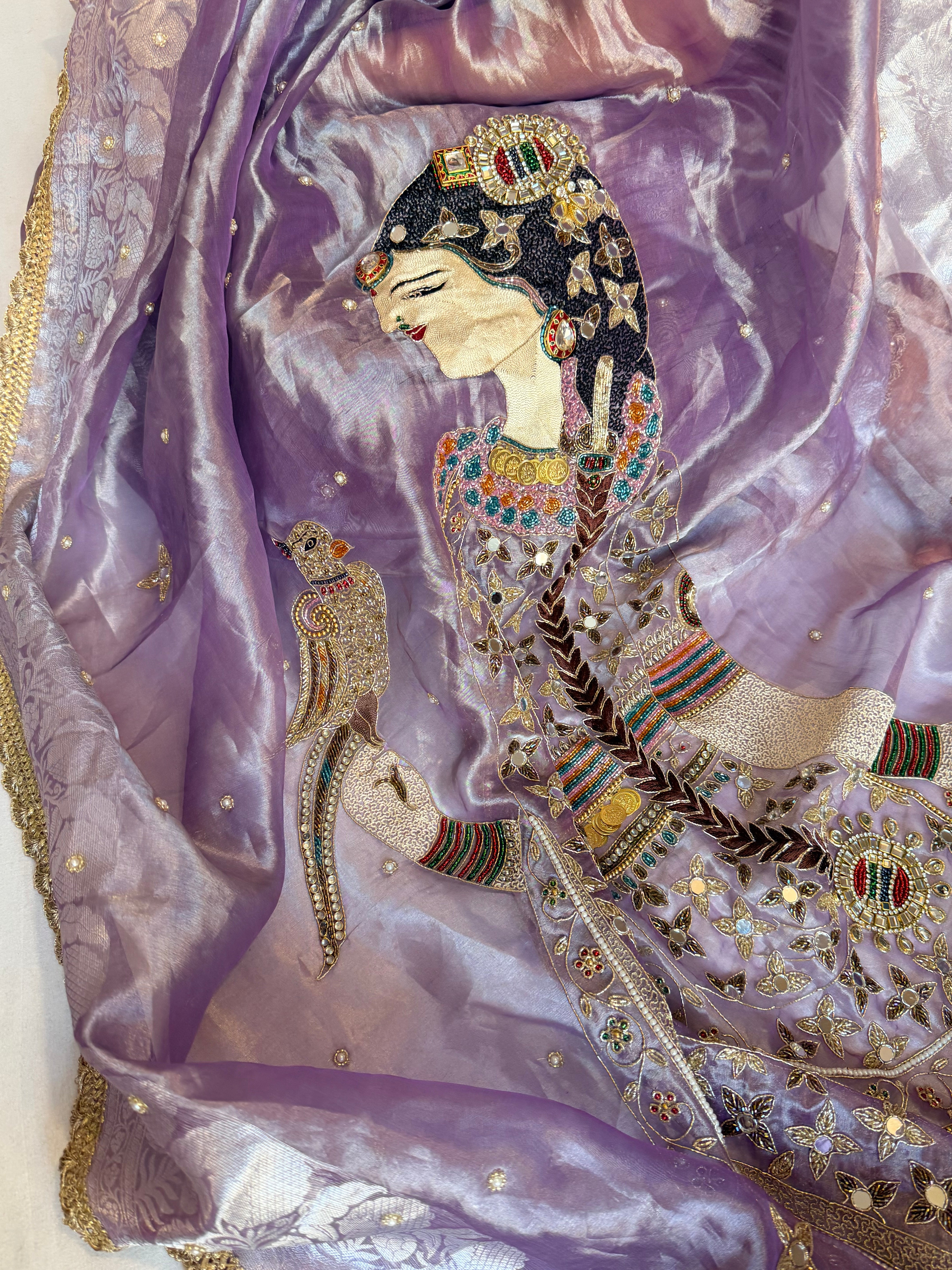 Heer saree with jadau necklace work hand embroidered tissue silk lilac saree