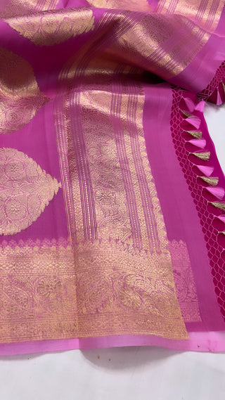 Pure banarasi hot pink ombre shaded kora silk kadhwa saree with sona rupa buti