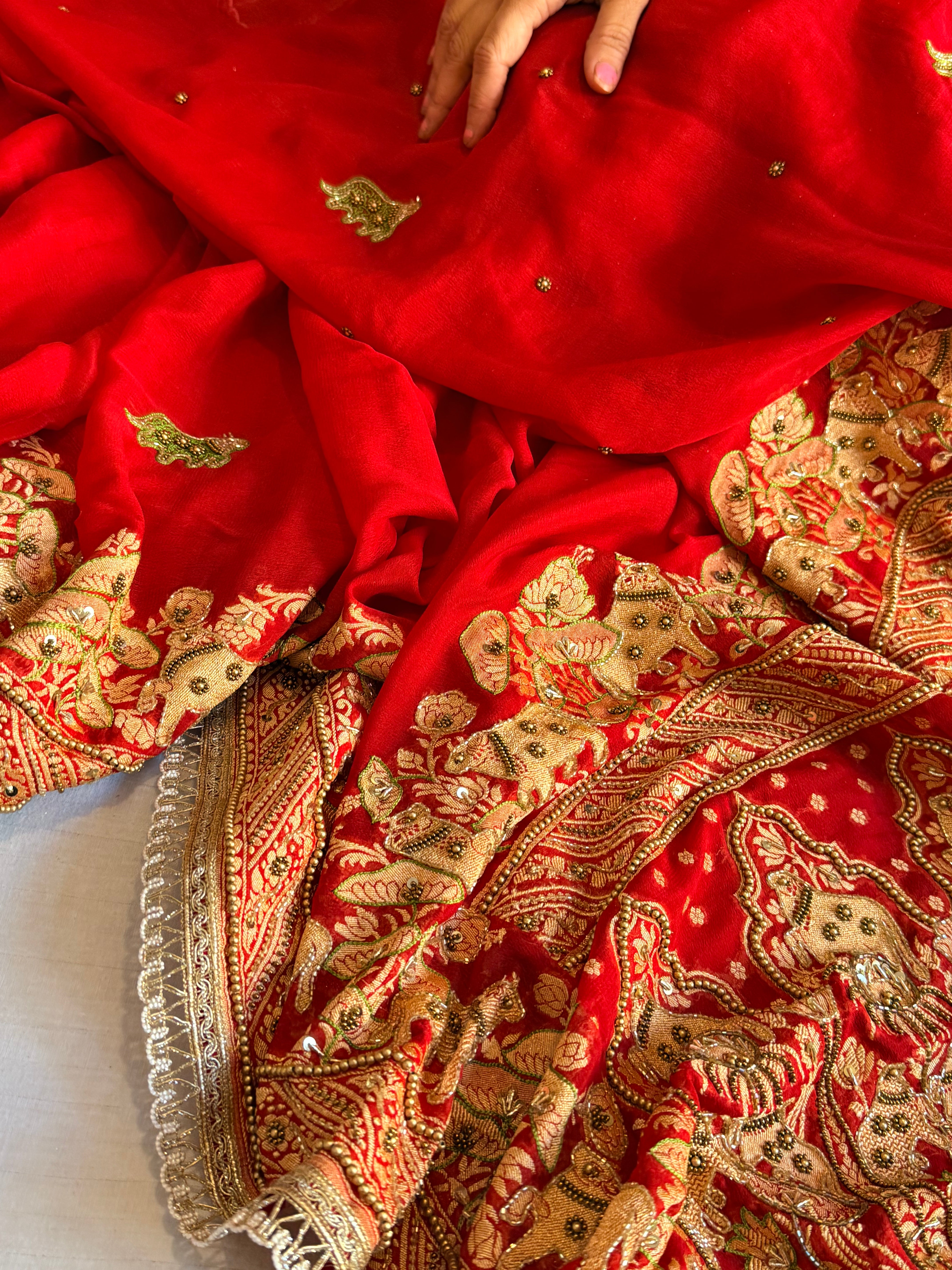 Banarasi chiffon gorgette deep red hand embroidered kadhwa saree