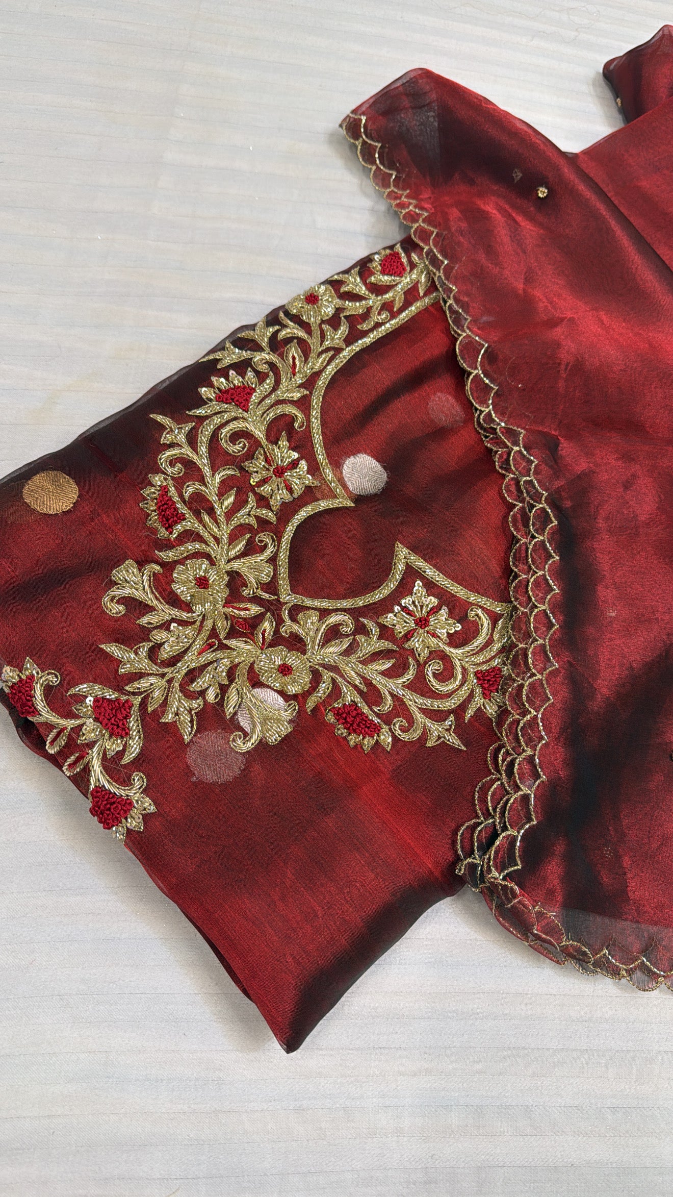 Shagun ke suits - Blood red tissue silk heavy hand embroidered suit sets