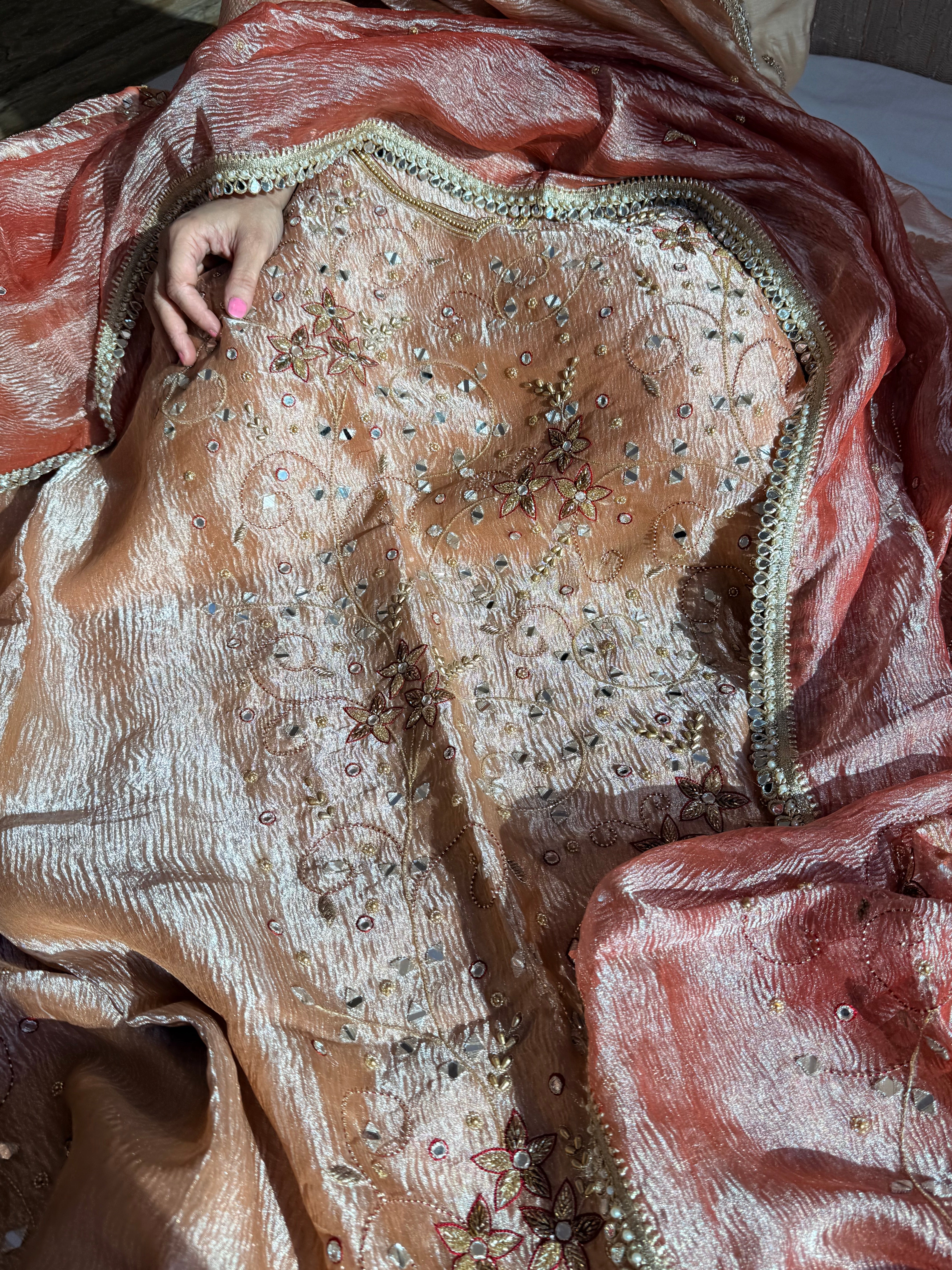 Banarasi tissue silk mirrorwork hand embroidered crushed suit sets