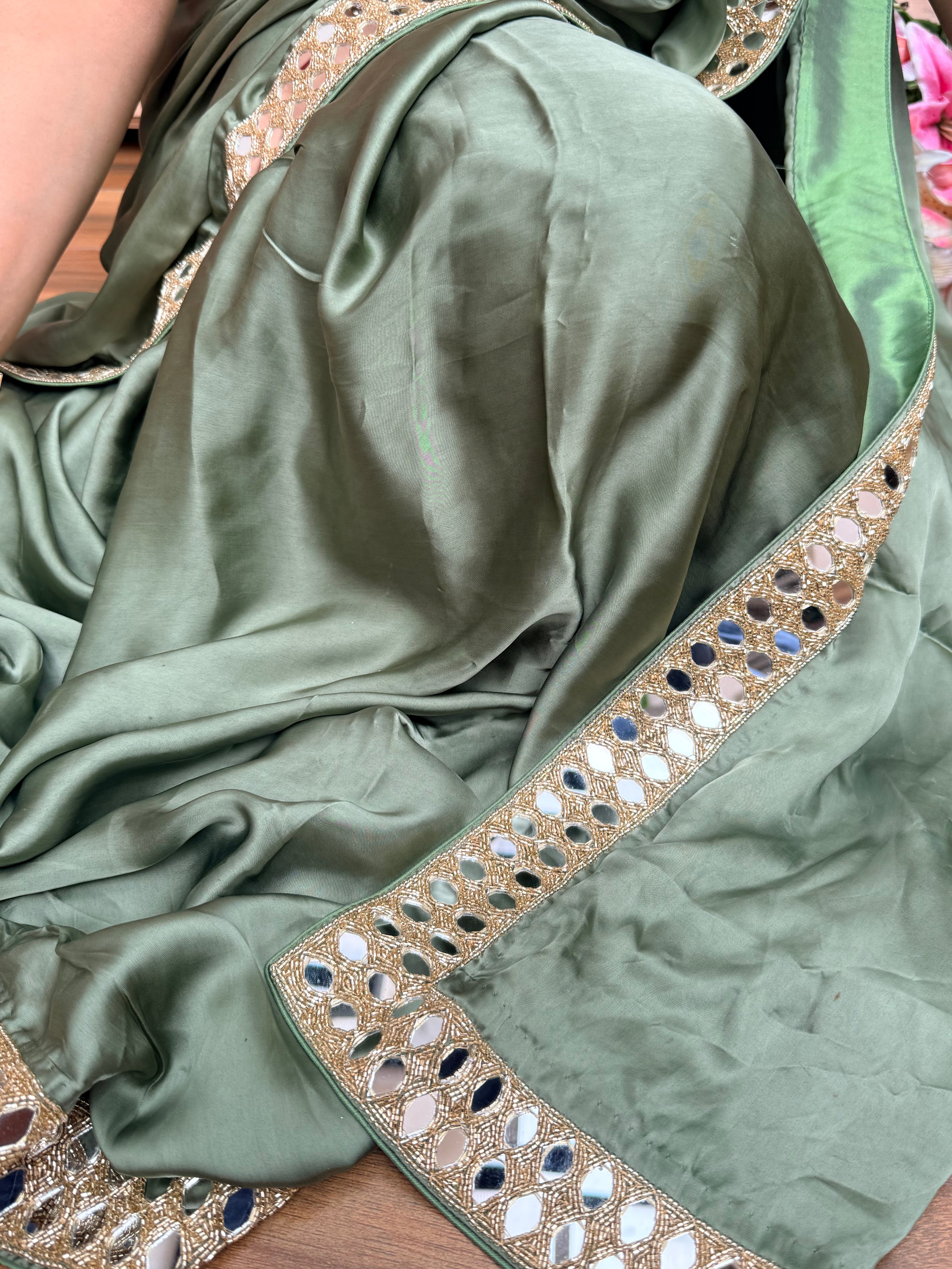 Tyohaar edit - Olive green mashru satin silk mirrorwork kadhwa saree