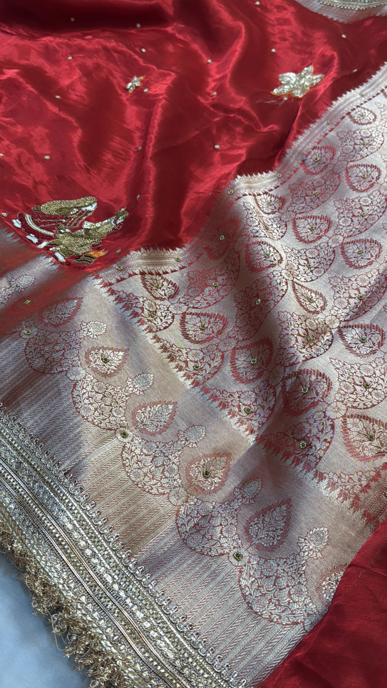 Dulhan ka joda husn red tissue silk hand embroidered saree