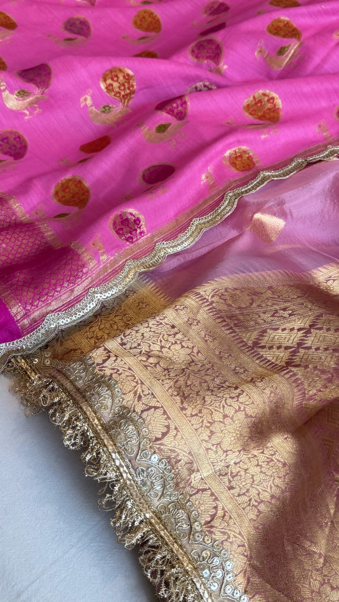 Kora silk chap dye contrast border kadhwa saree paired with moonga silk duppatas