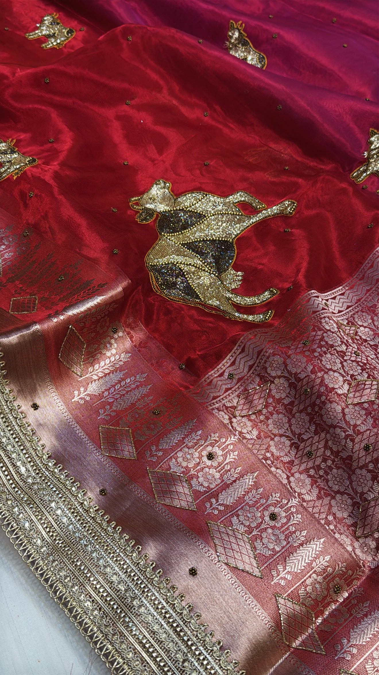 Red special - Husn hot red nandi motif tissue silk hand embroidered kadhwa saree