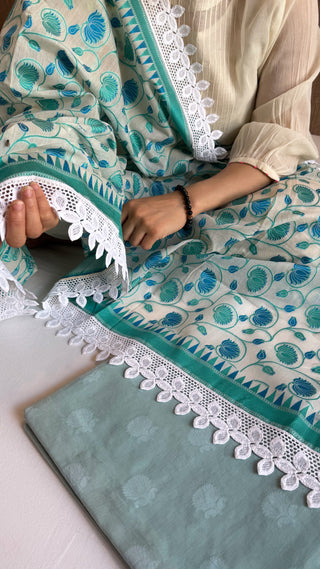 Sage green mul cotton banarasi resham meenakari kadhwa suit set