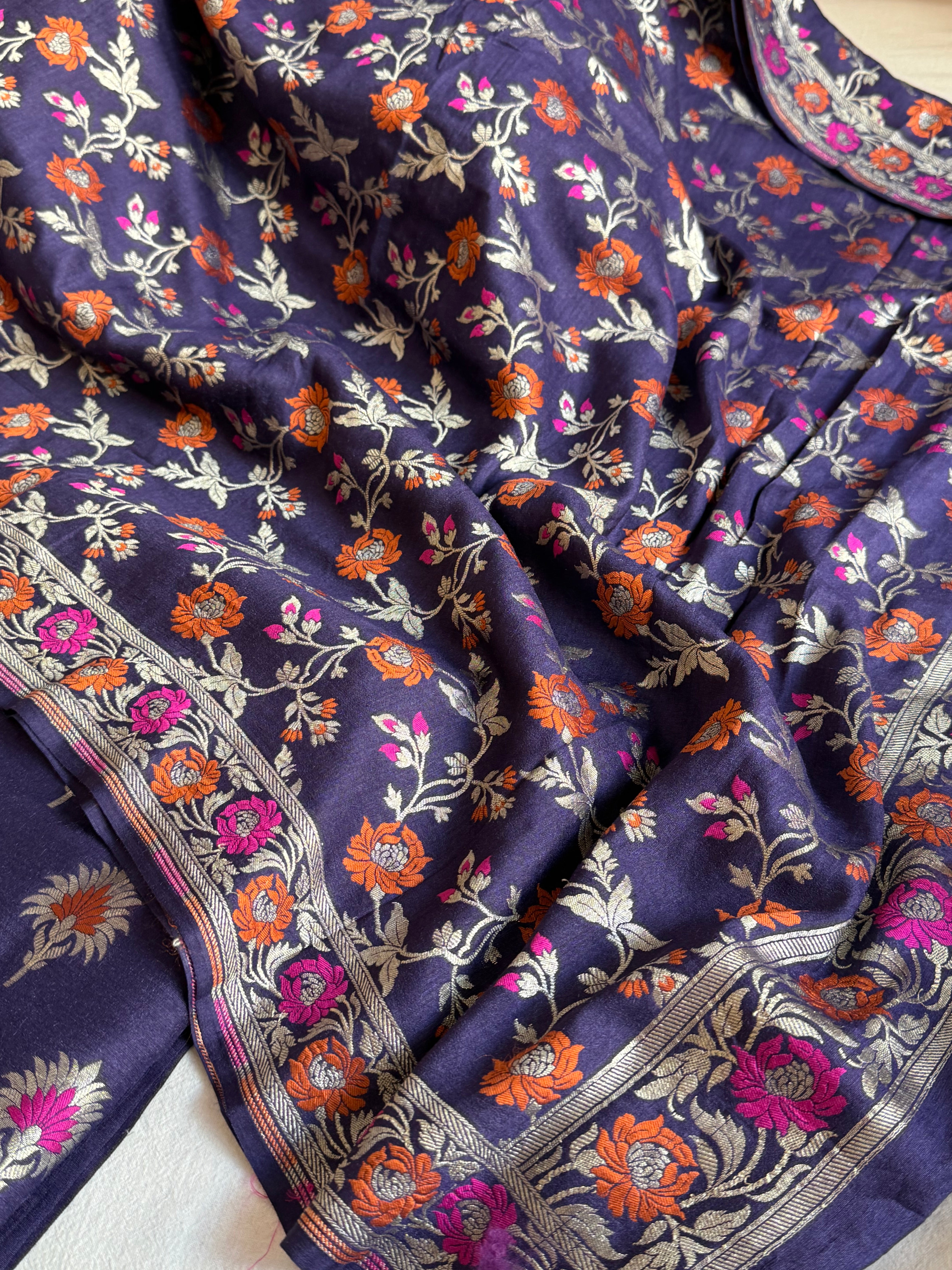 Banarasi moonga silk navy blue meenakari kadhwa suit set