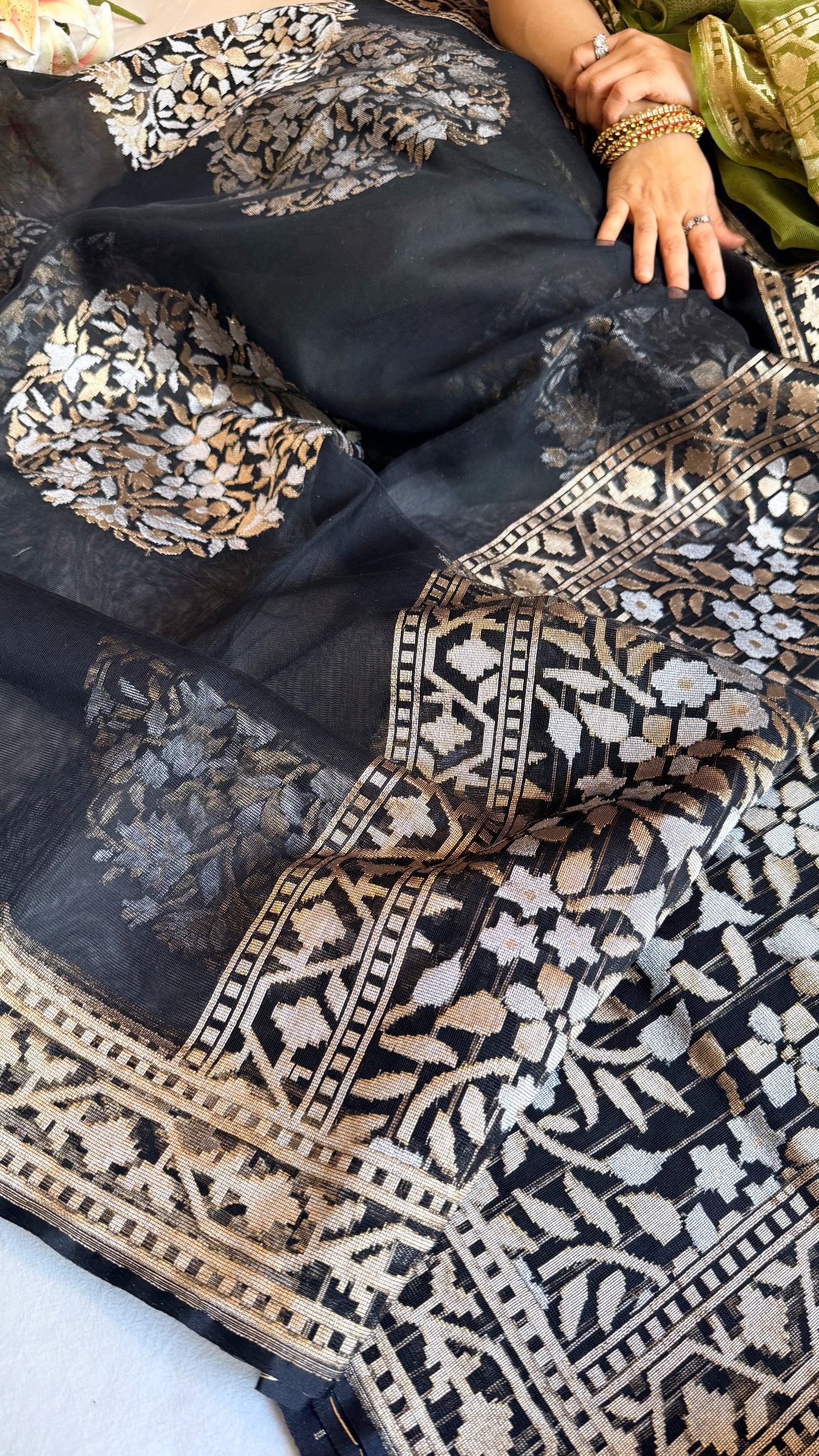 Banarasi silk net edit - Black banarasi silk net sona rupa jamdani saree