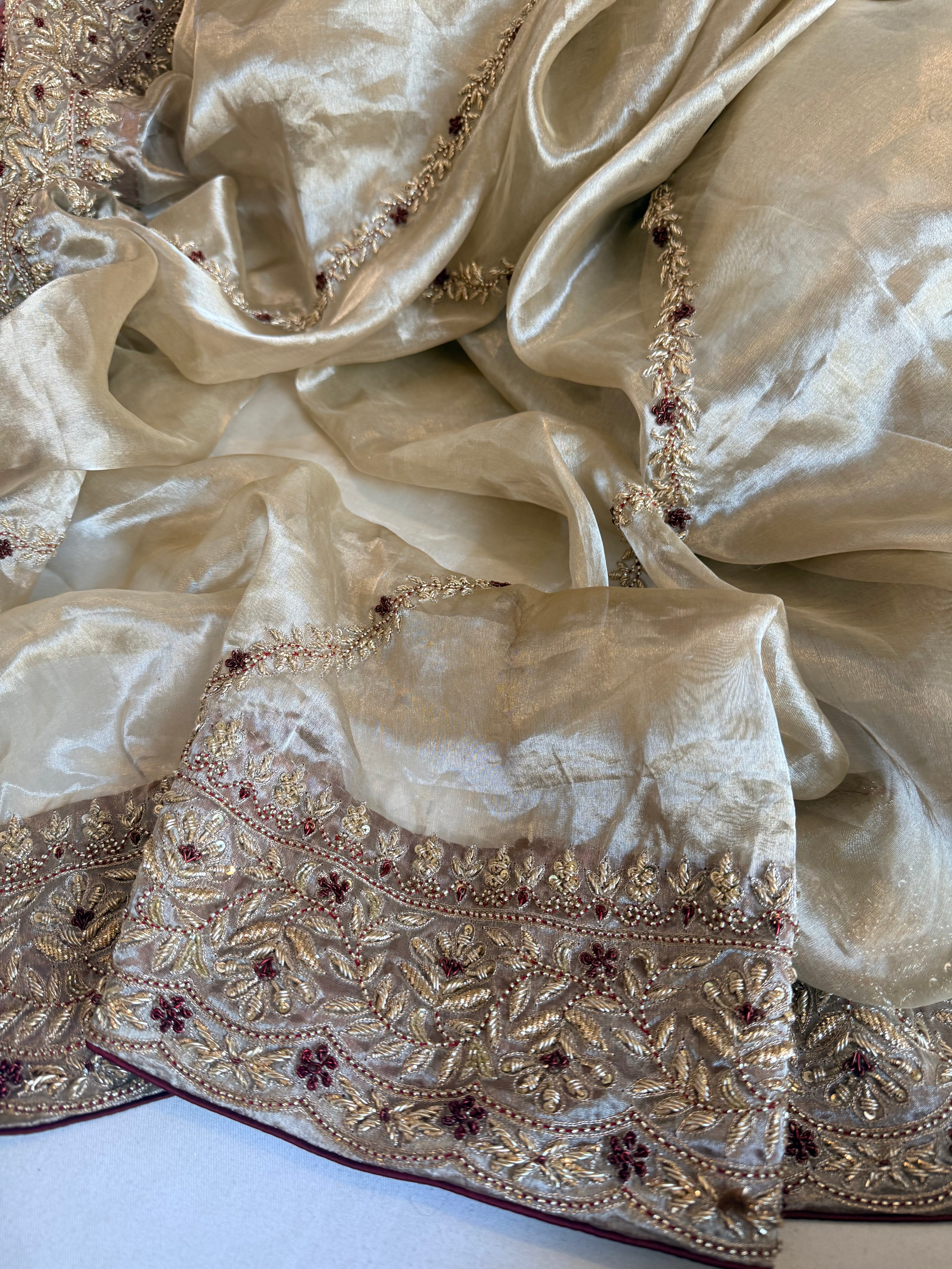 Silsila diamond tissue silk zardozi work hand embroidered kadhwa saree