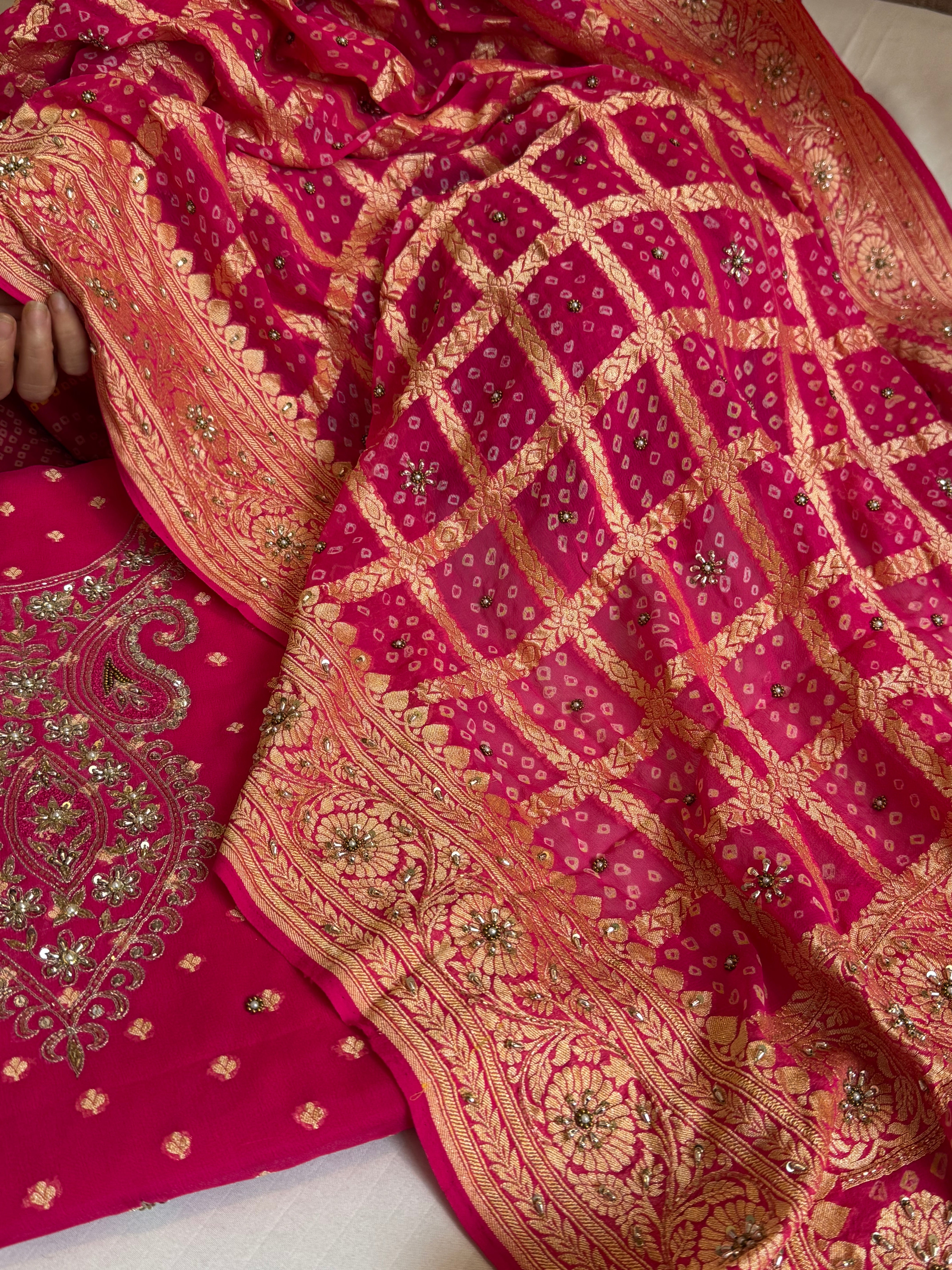 Hot fuschia pink rai bandhej Banarasi gorgette kadhwa hand embroidered suit set