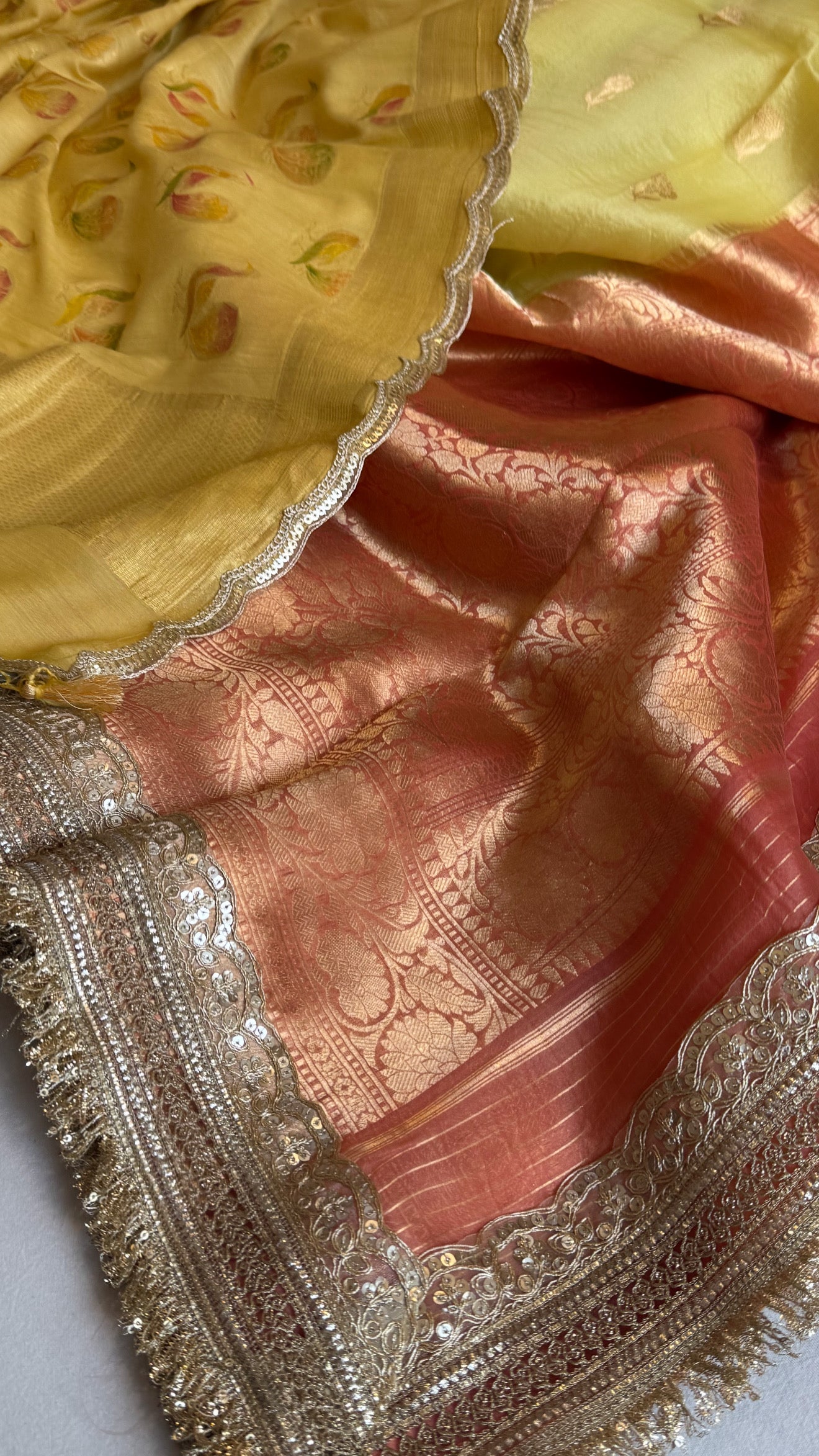 Kora silk chap dye contrast border kadhwa saree paired with moonga silk duppata sets