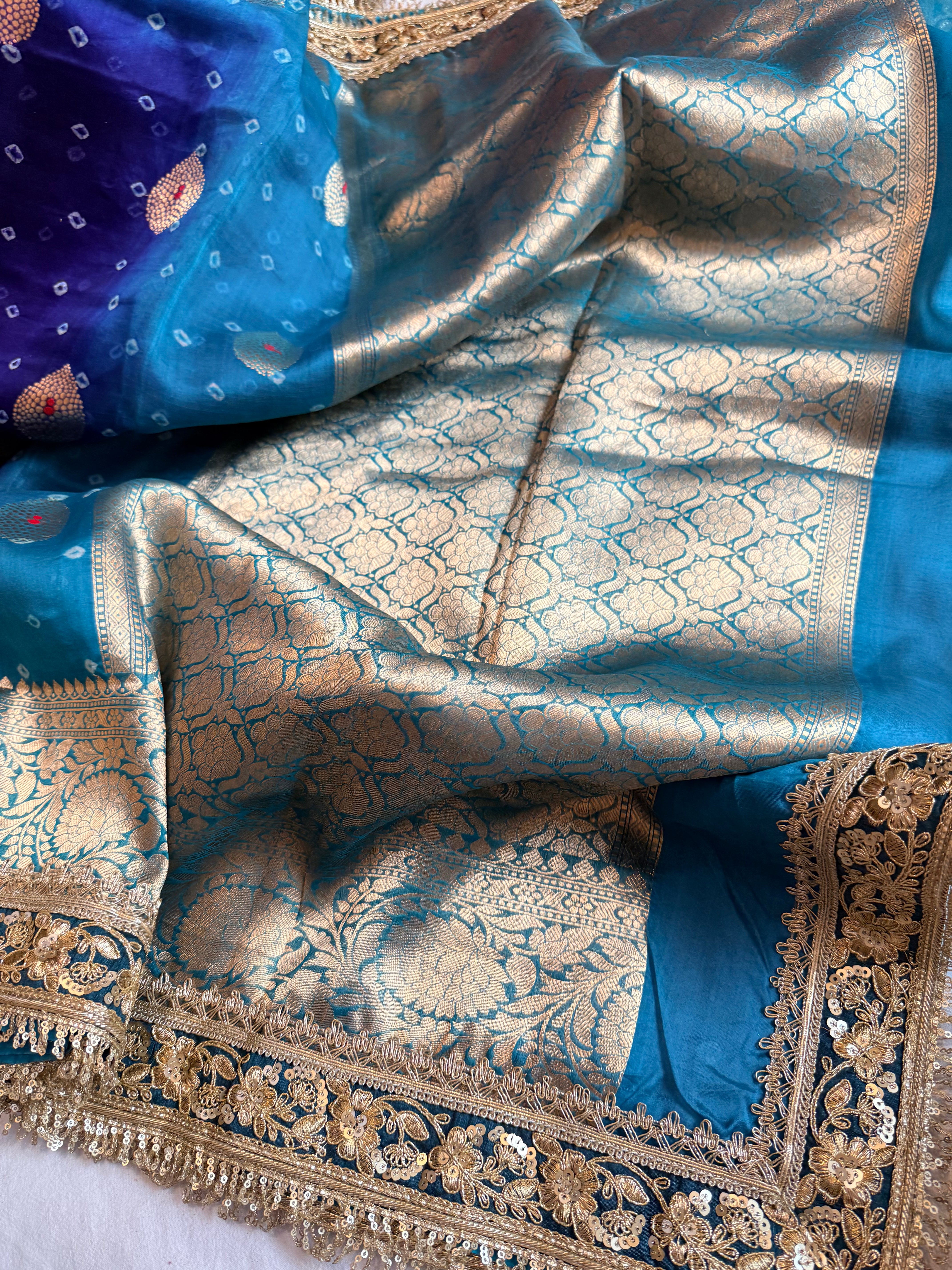 Mayra wali saree - Kora silk bandhej work meenakari gotapatti saree