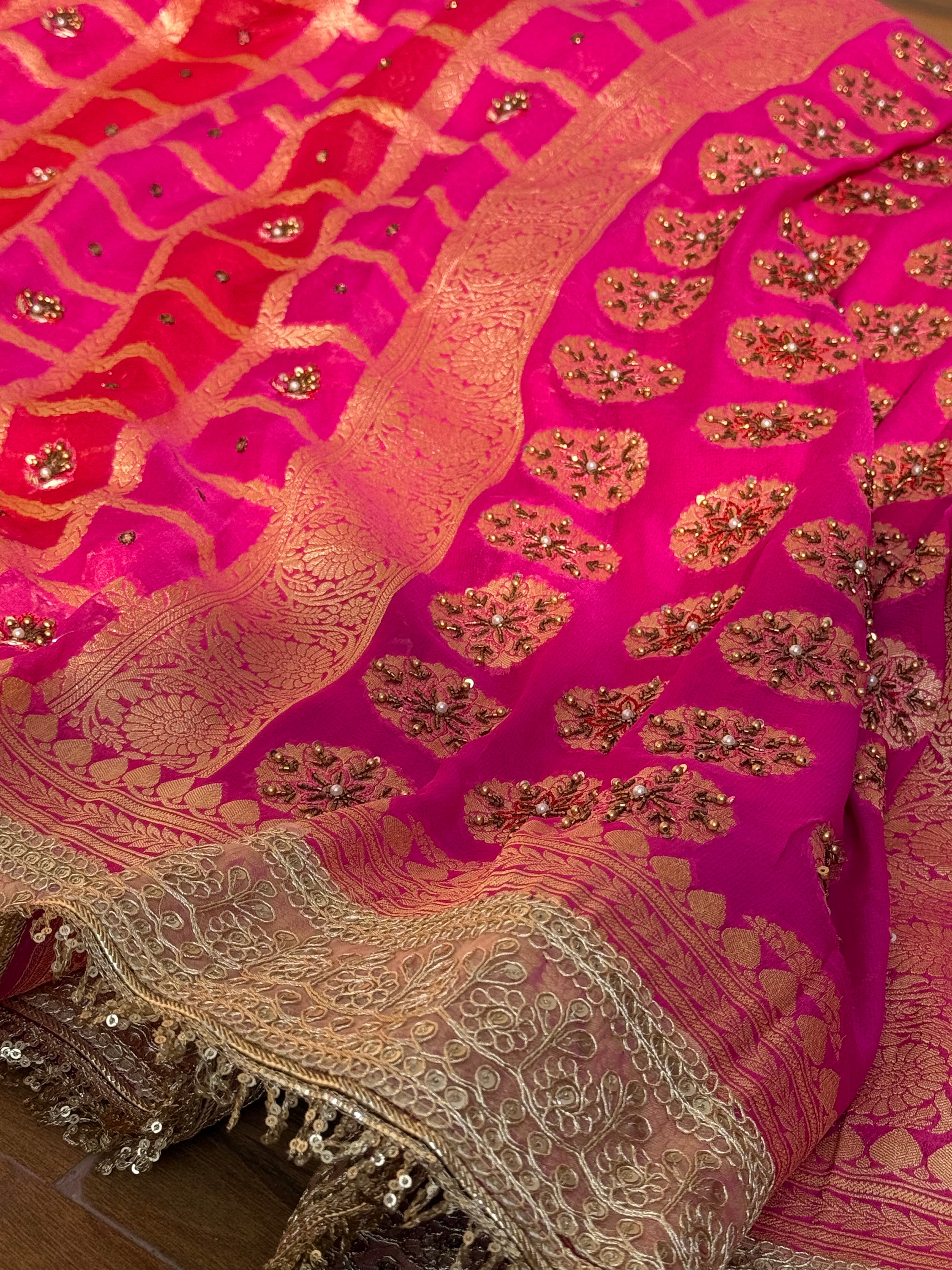 Grah pravesh wali saree - Red rani rangkaat hand embroidered chiffon gorgette kadhwa saree