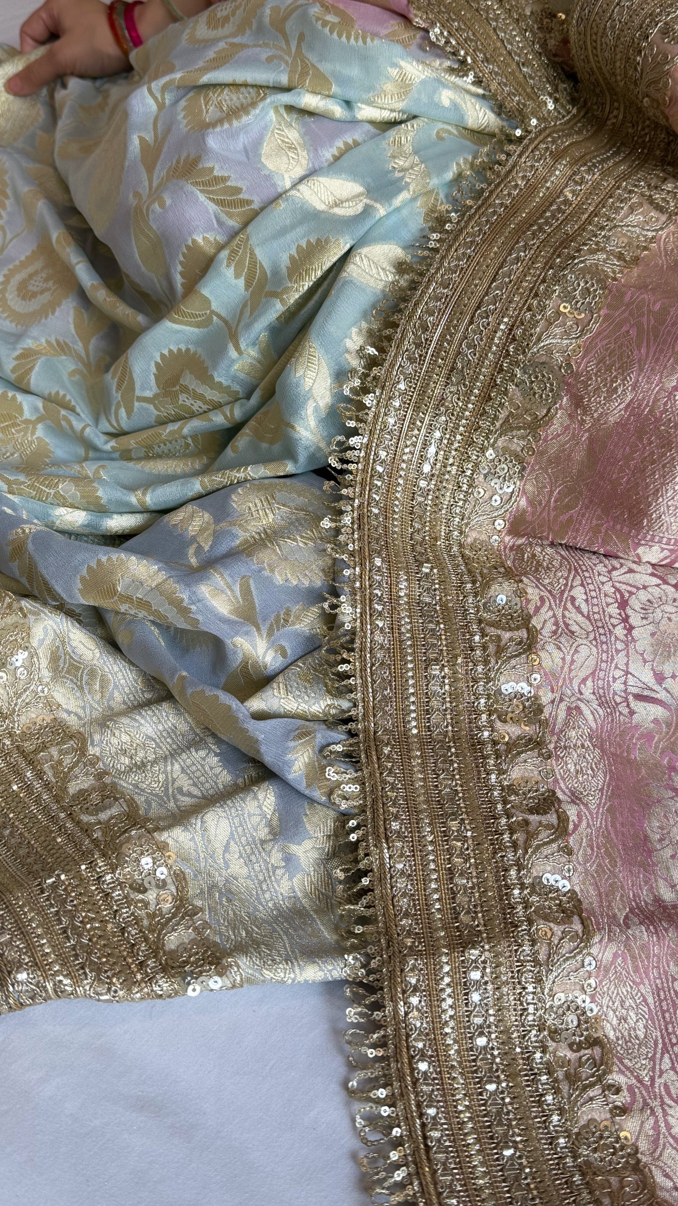 Gayatri devi inspired banarasi chiffon gorgette shaded kadhwa jaal sarees