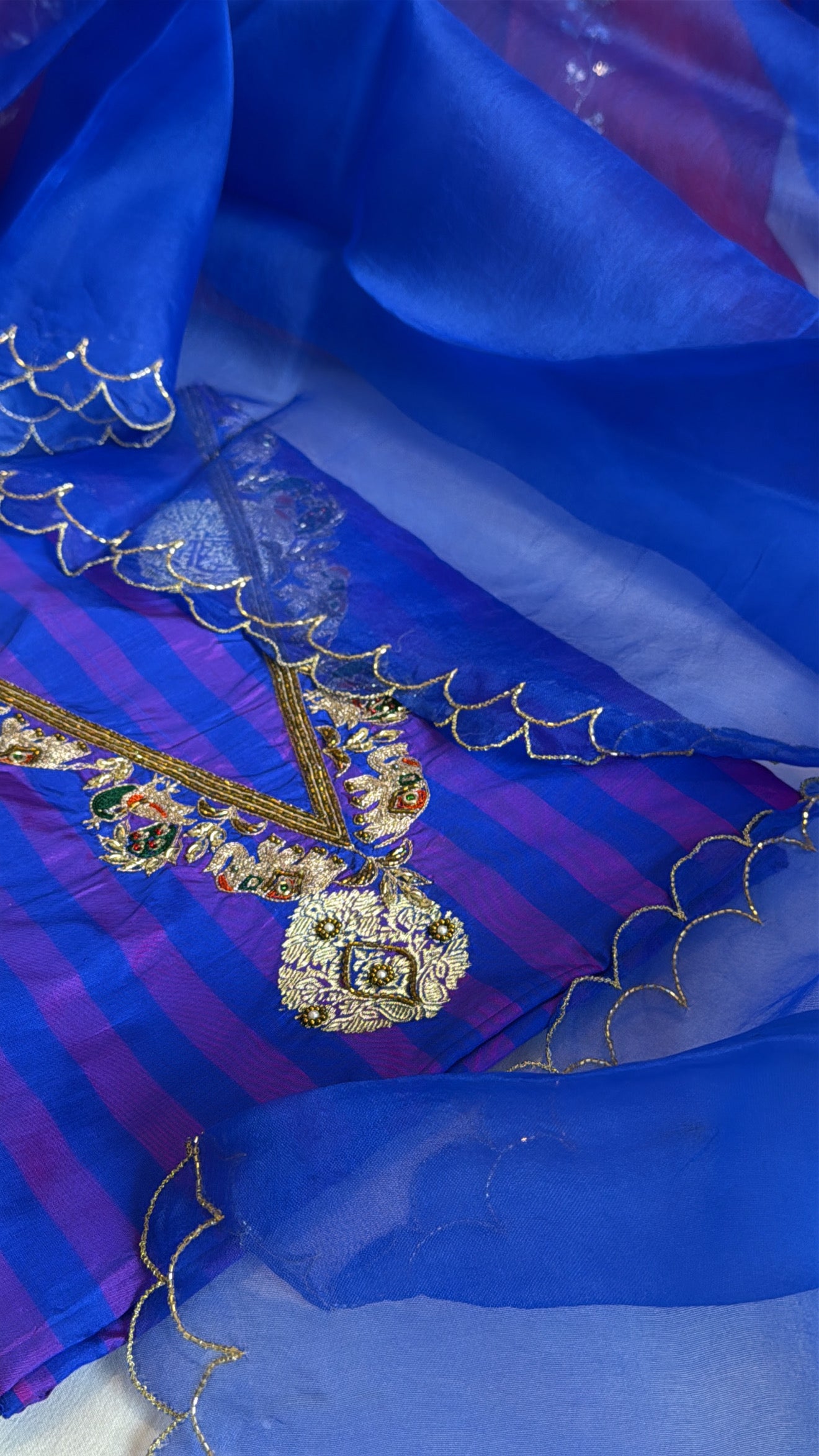 Electric blue-purple dhup chao effect katan silk striped kurta paired with kora silk scalloped duppata set