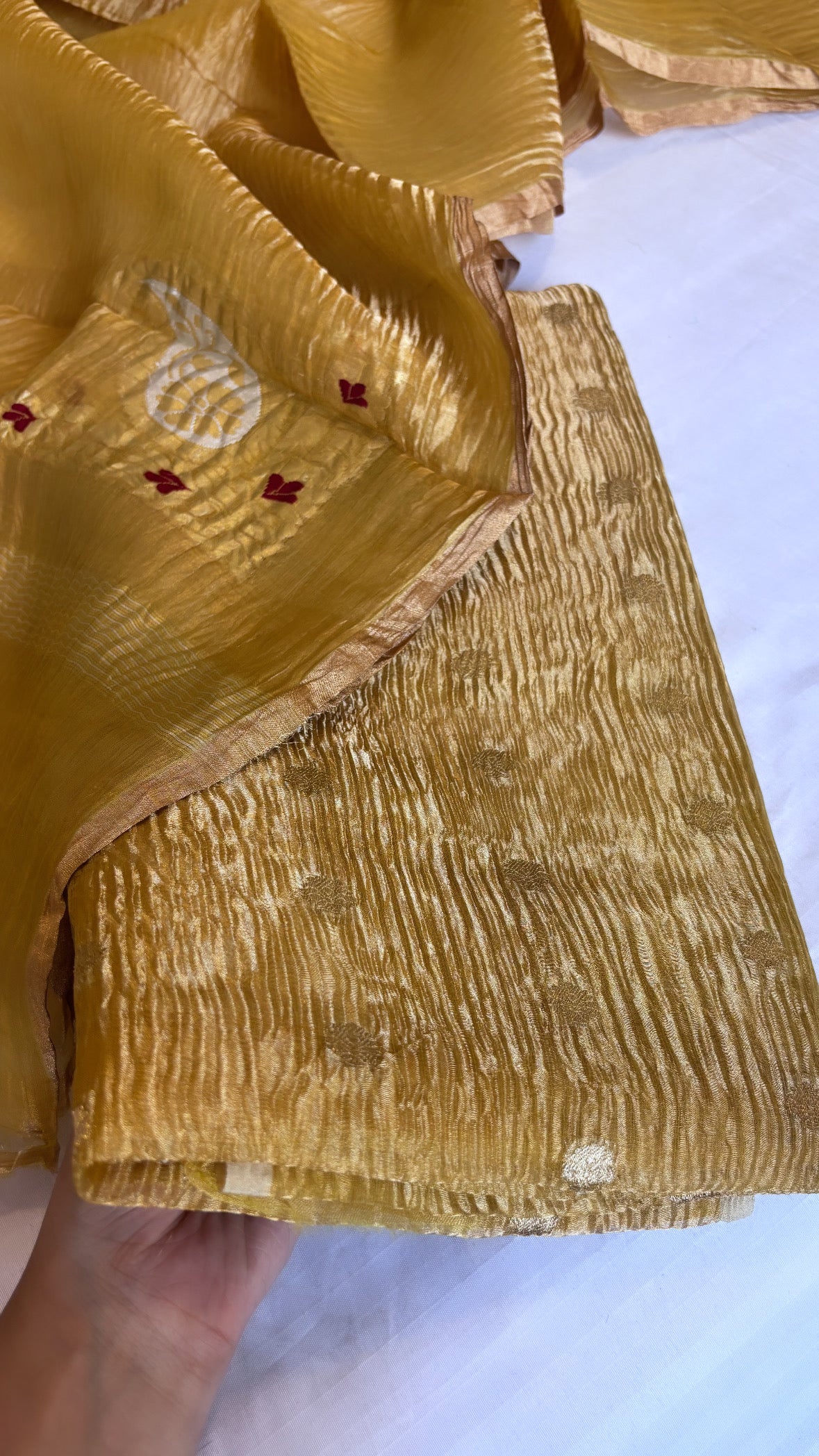 Pure banarasi golden yellow crushed tiisue silk kadhwa sona rupa meenedar buti three piece suit set