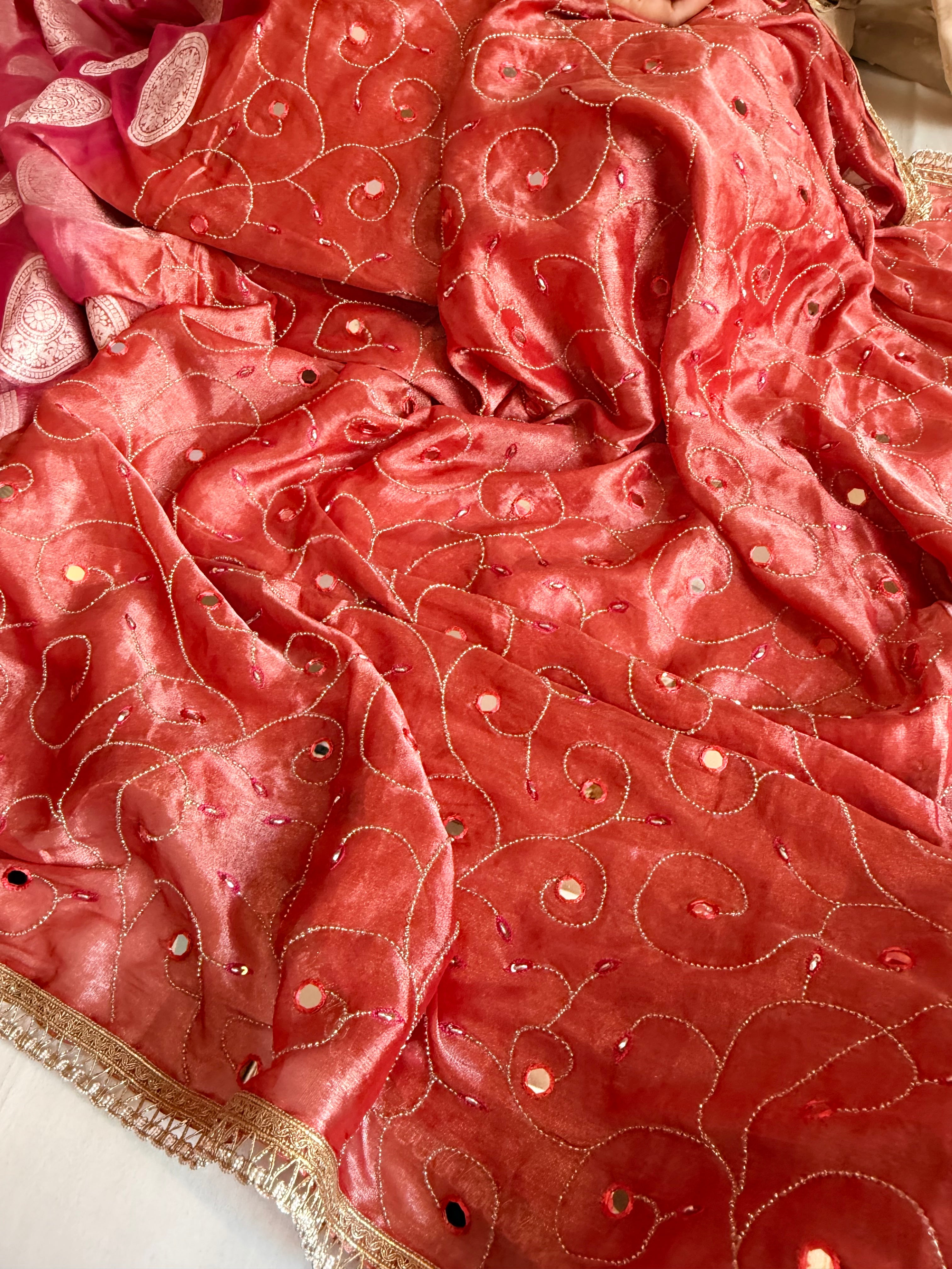 Tomato gajri red tissue silk half polka dot-half hand embroidered kadhwa saree
