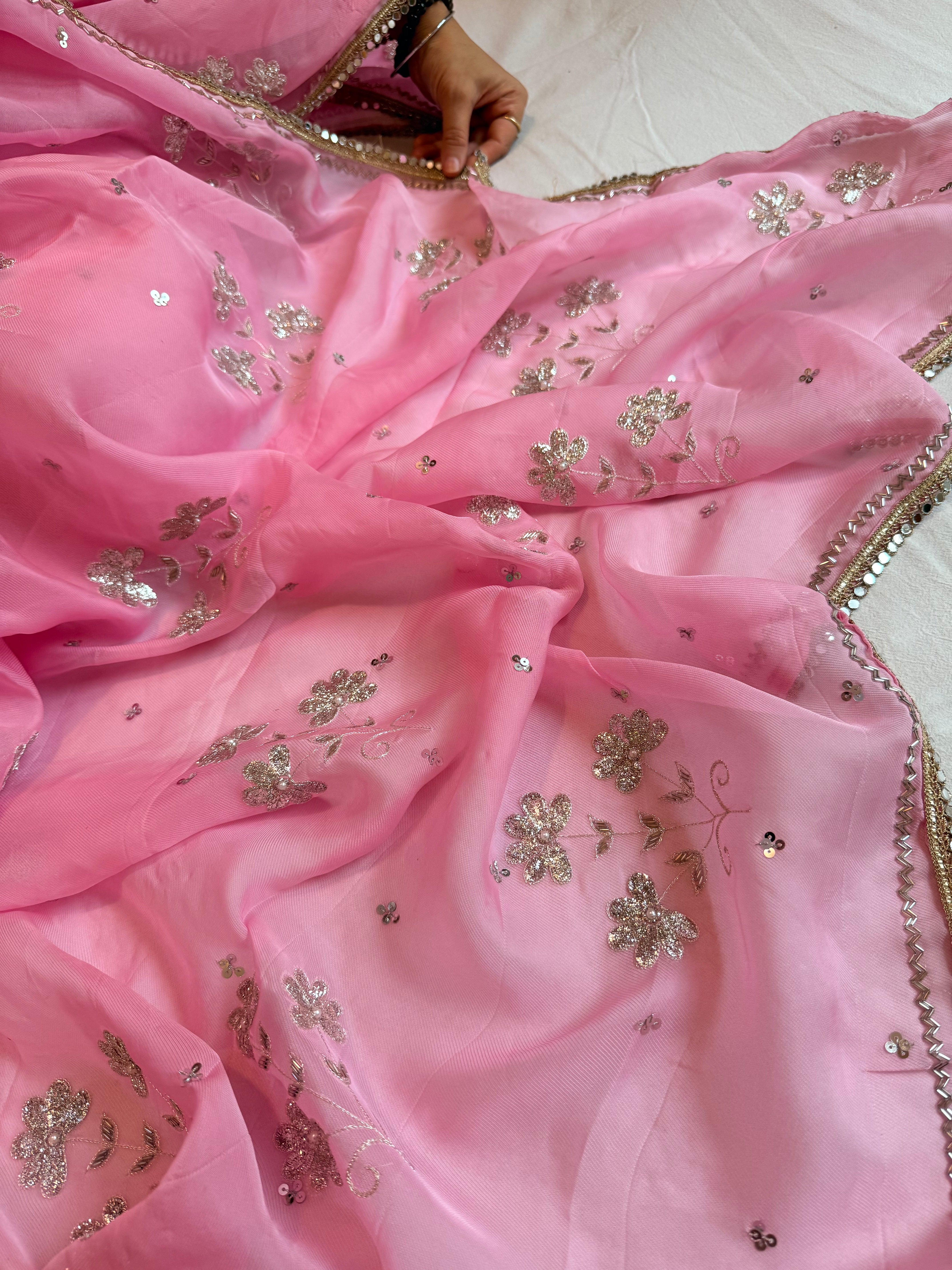 Gulab kamal chiffon kora pittawork kadhwa hand embroidered saree