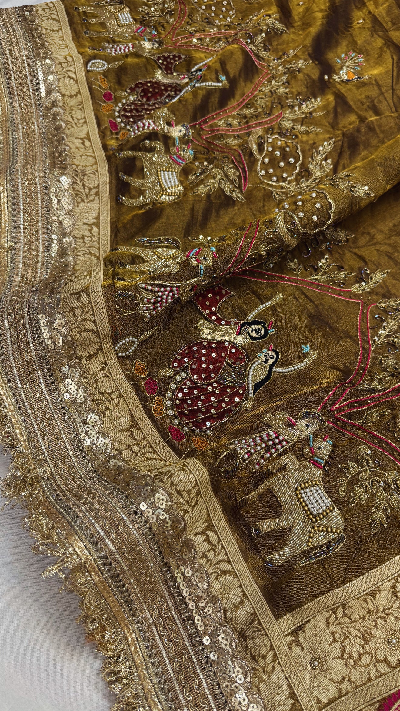 Karwachauth special - Kanjivaram gold tissue silk krishna rasleela motif hand embroidered kadhwa saree