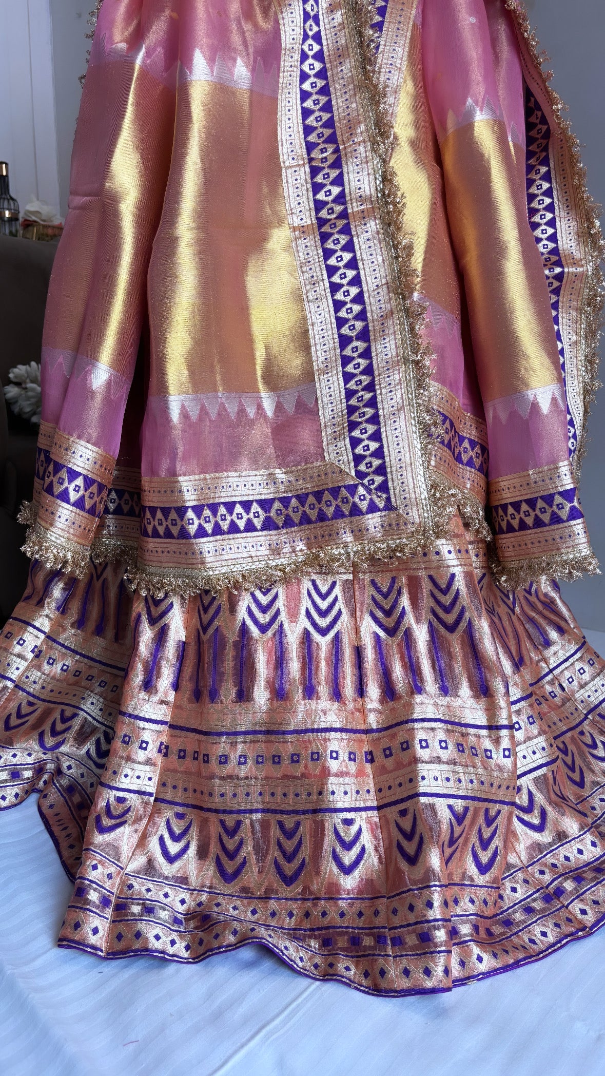 Peach tissue silk kali wala lehenga
