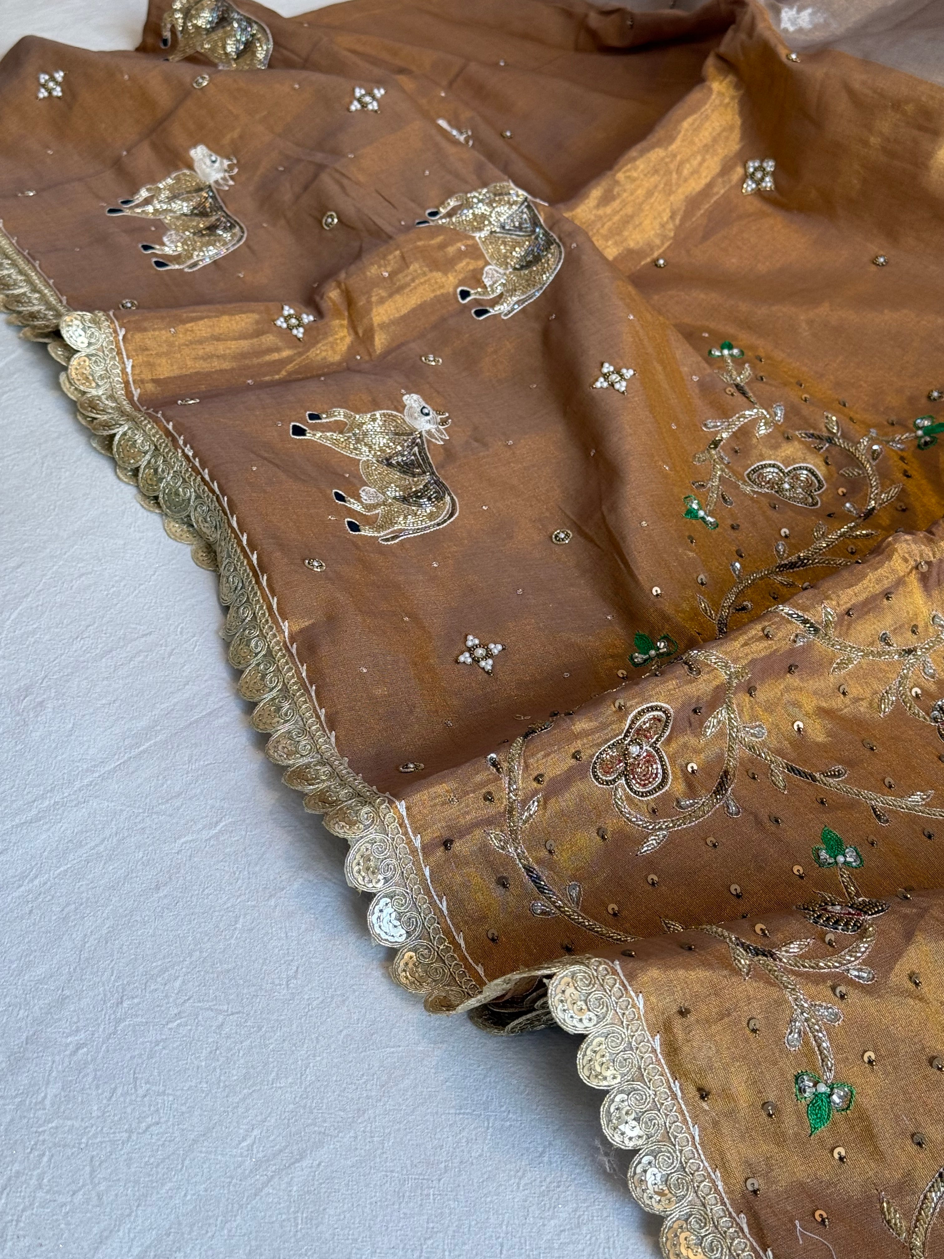 Satin tissue silk molten gold-silver hand embroidered banarasi saree