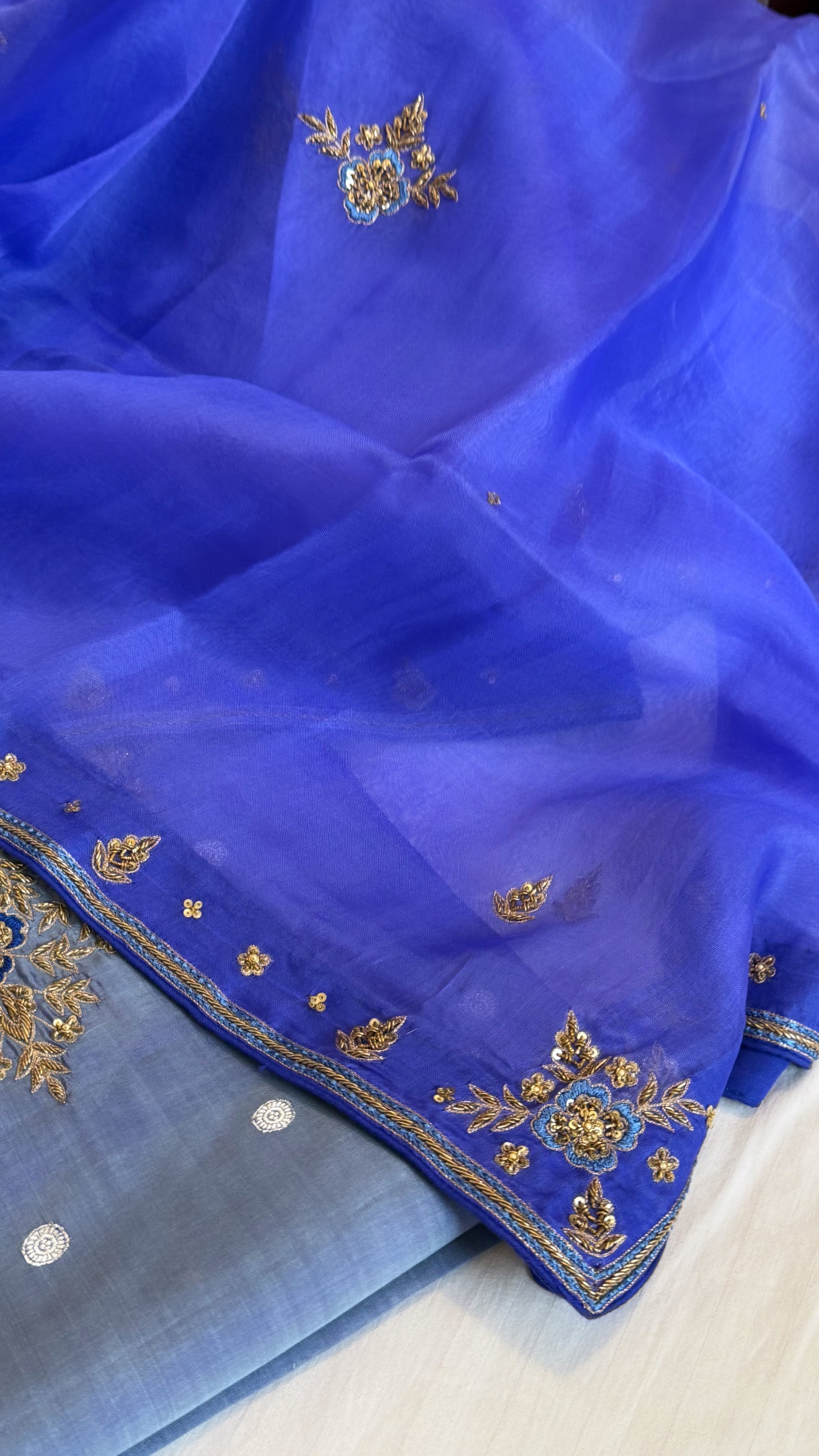 Blush blue - ink blue shade katan silk hand embroidered kurta paired with kora silk zardozi duppata