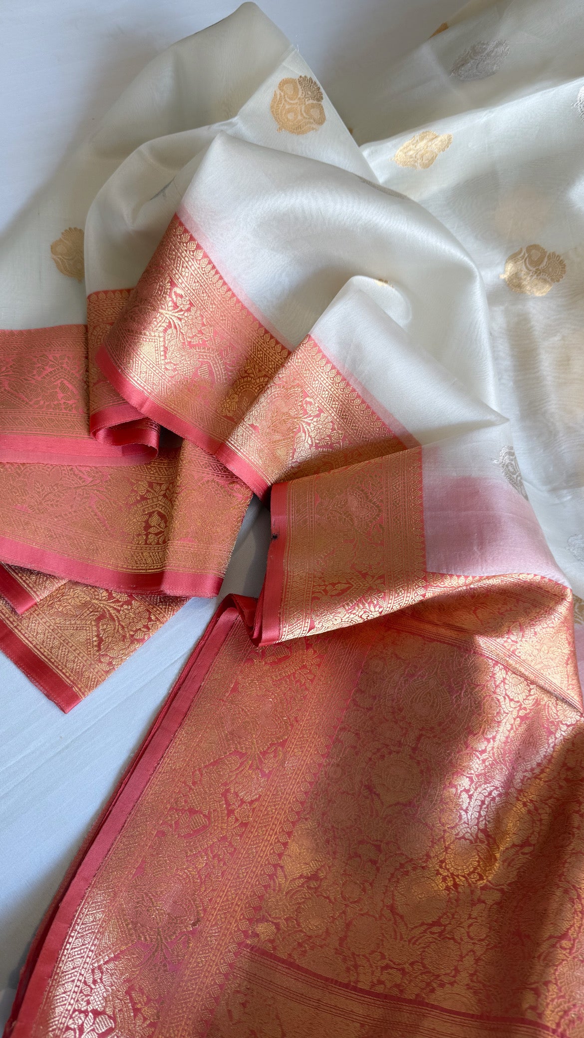 White-peach kora silk banarasi border kadhwa saree