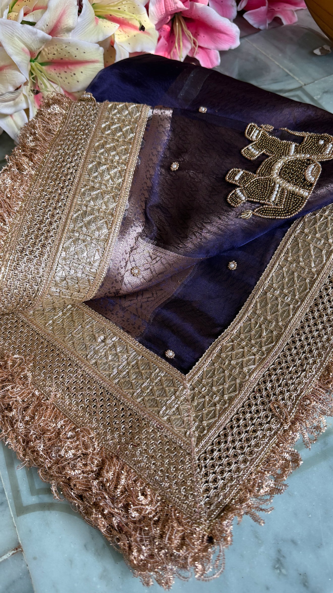 Husn midnight blue tissue silk hand embroidered elephant motif saree