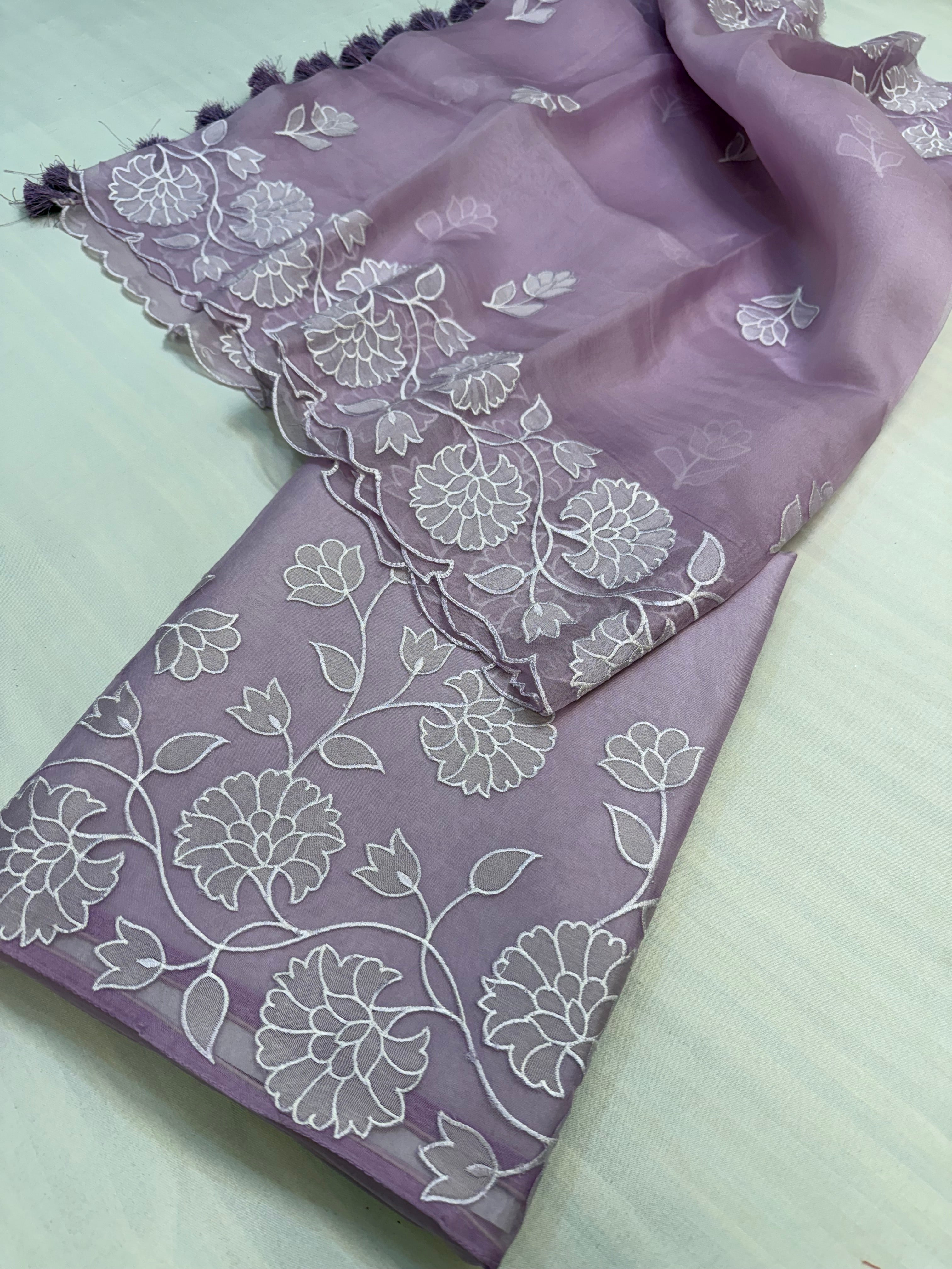 Dreamy lilac kora silk hand embroidered appliqué work suit set