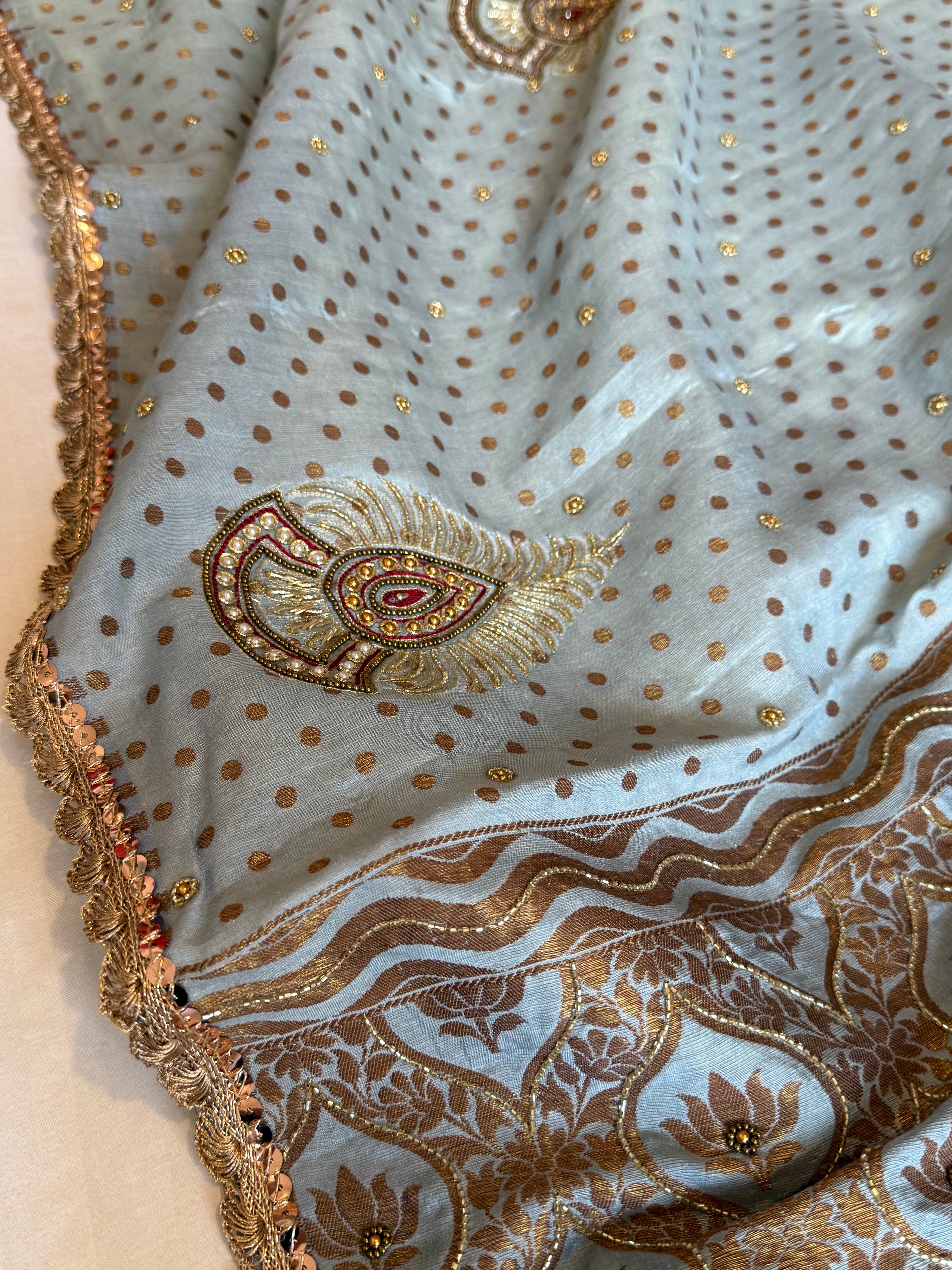 Water blue moonga silk antique zari hand embroidered kadhwa saree