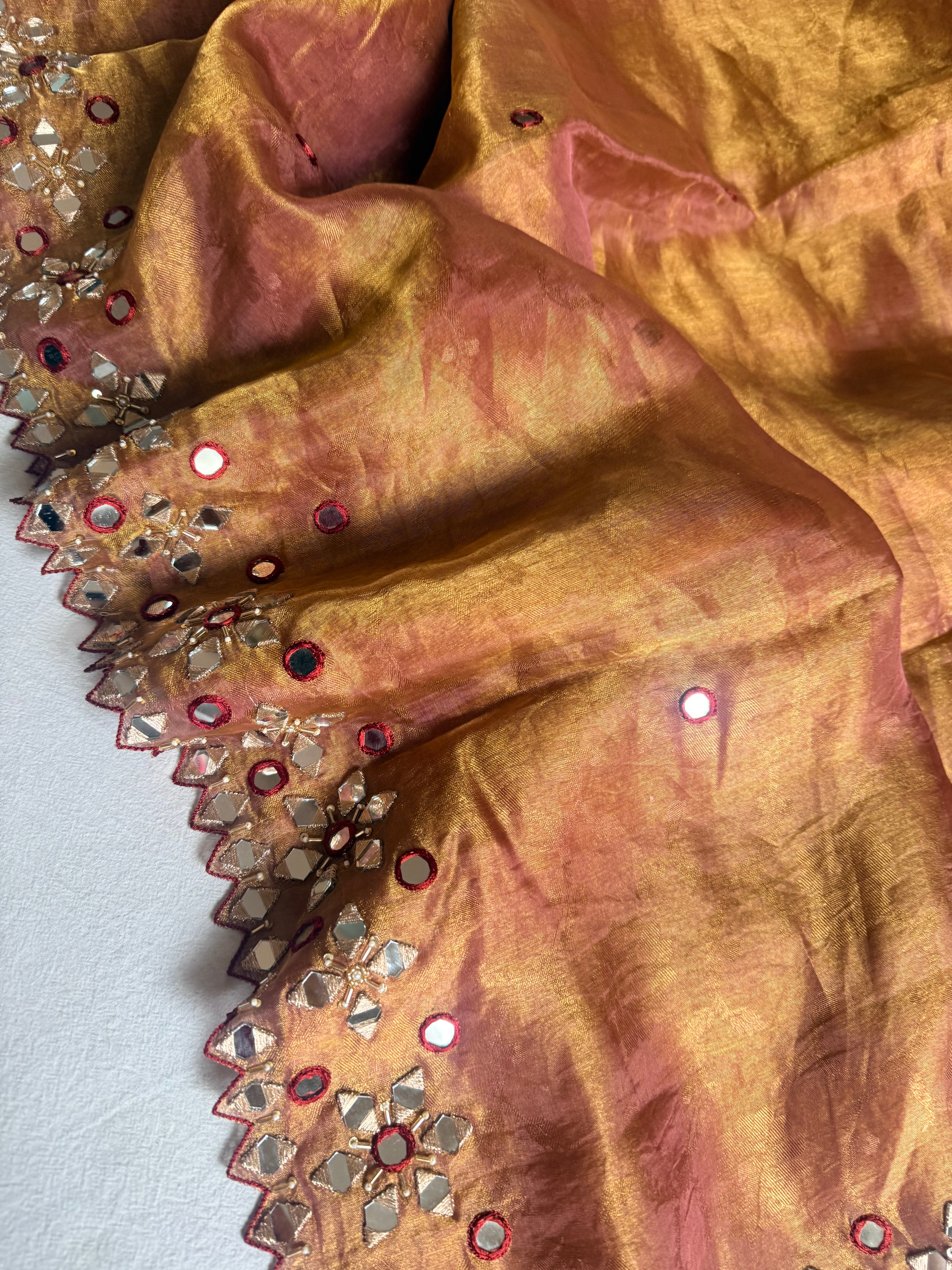 Kanjivaram pink tissue silk mirrorwork hand embroidered saree