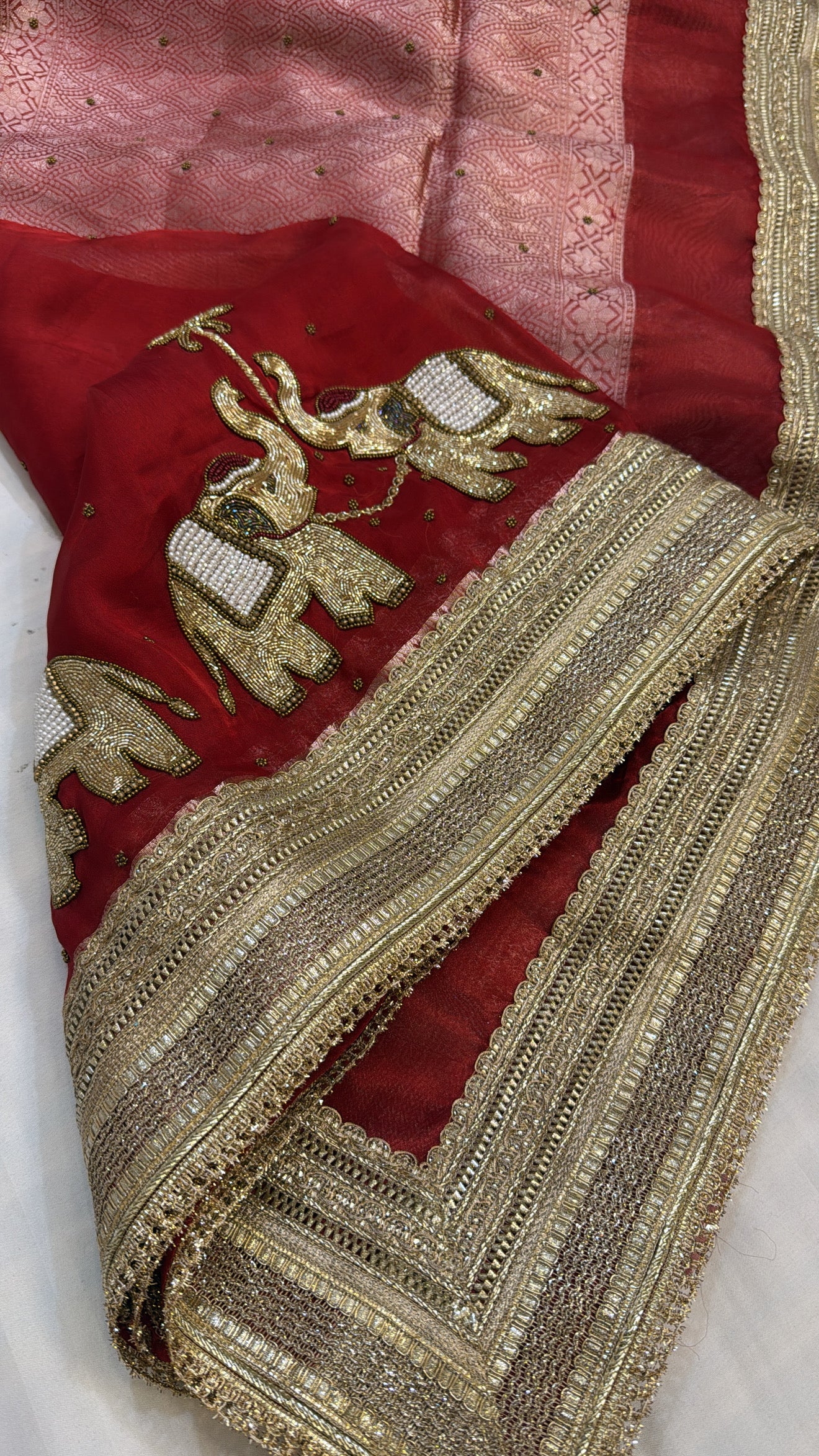 Varmala wali sarees - Midnight blood red tissue silk elephant motif heavy hand embroidered saree