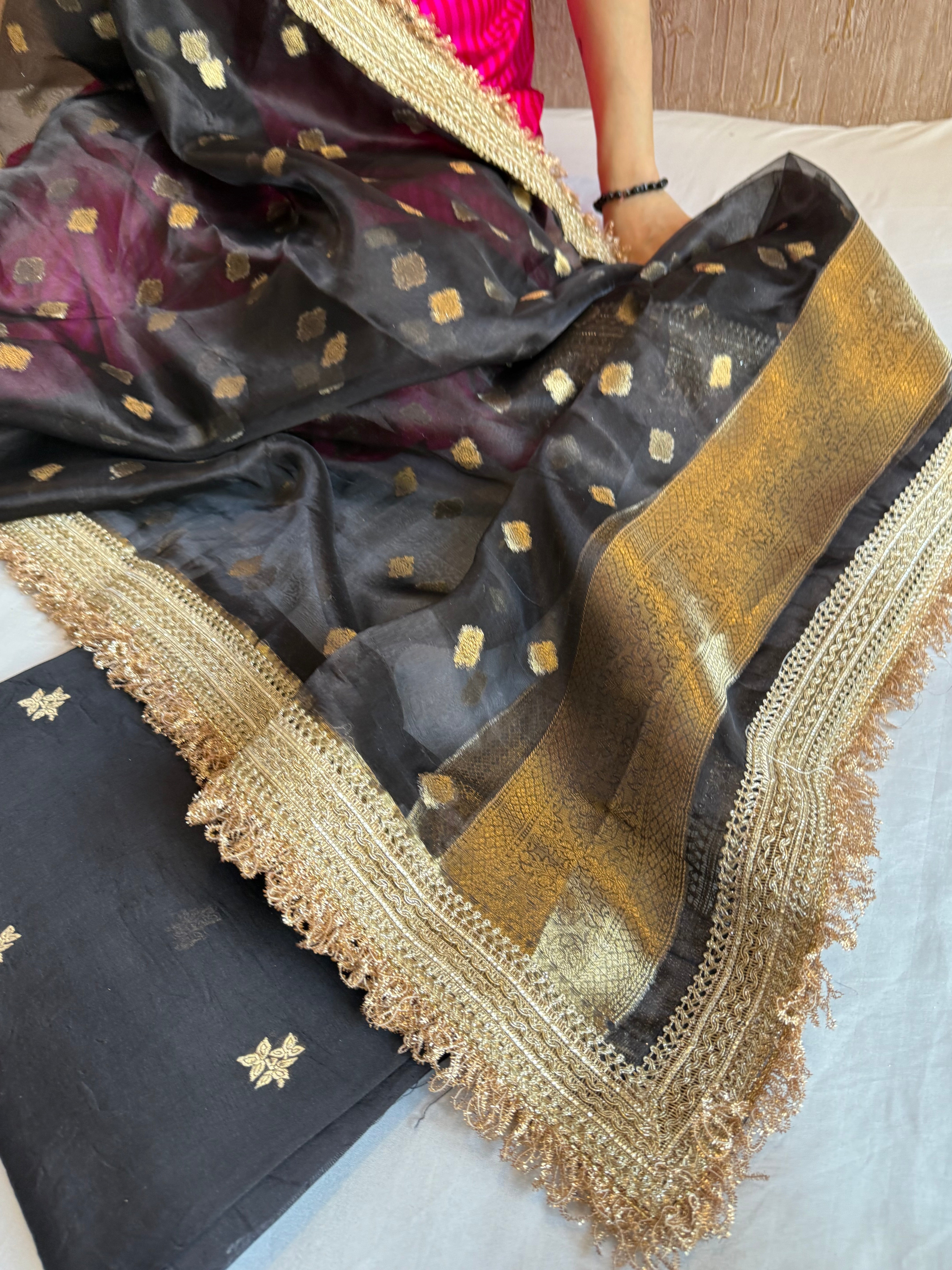Black kora silk kadhwa gotapatti buti suit set