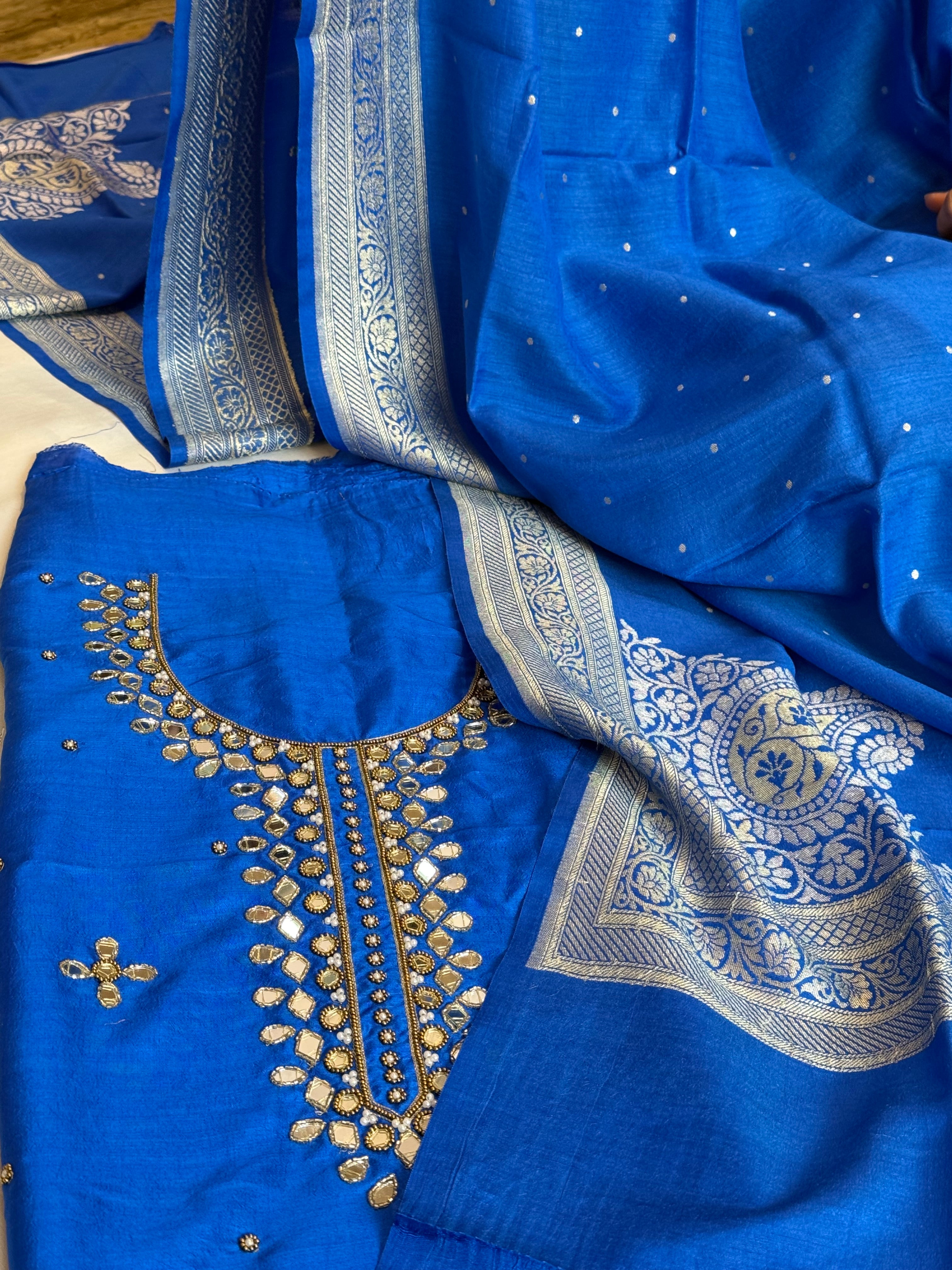 Sheesham ink blue mirror work hand embroidered katan silk suit set